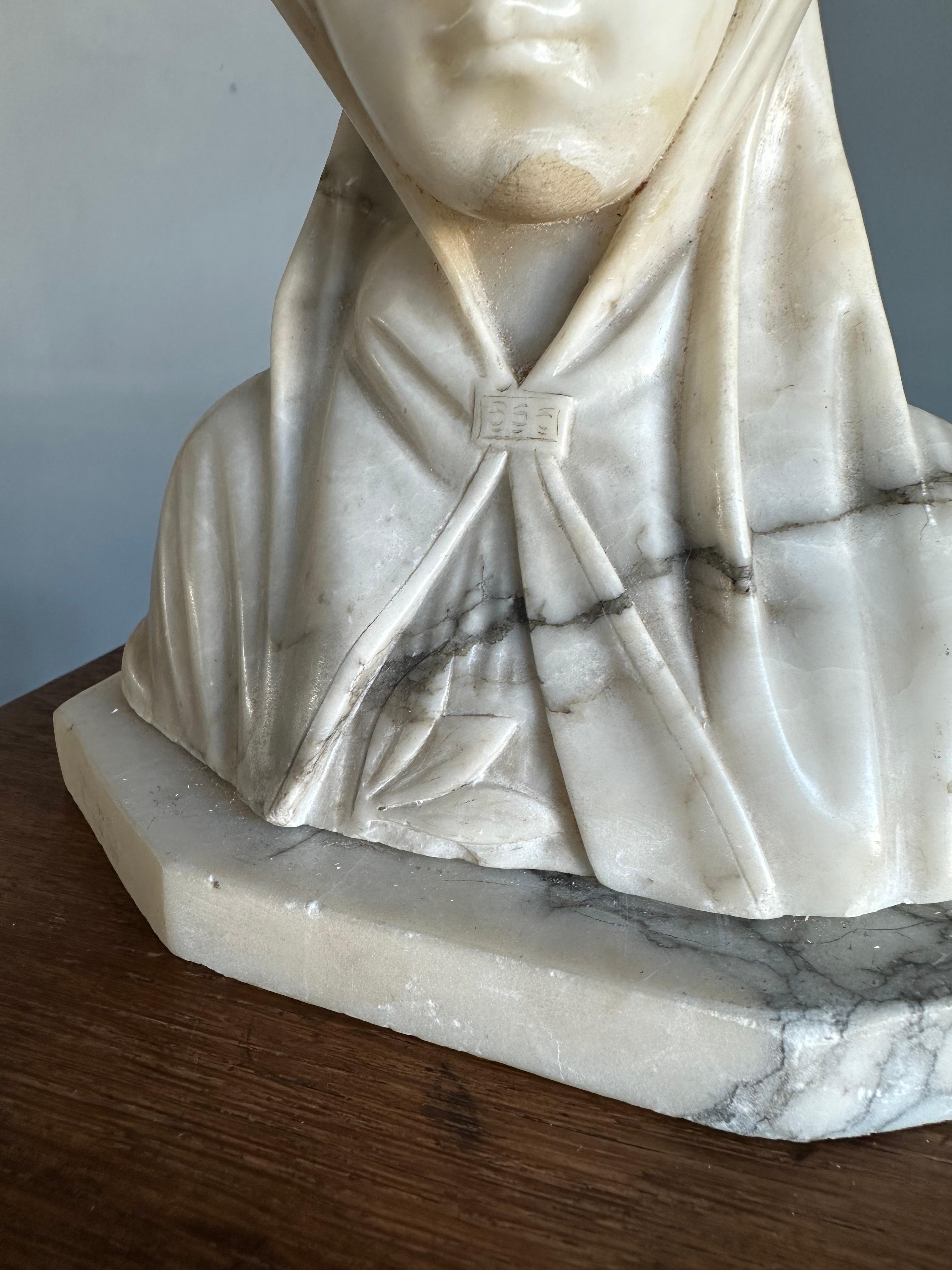 Hand-Carved Hand Carved Antique Alabaster Bust Sculpture of Saint Clare of Assisi ca. 1915 For Sale