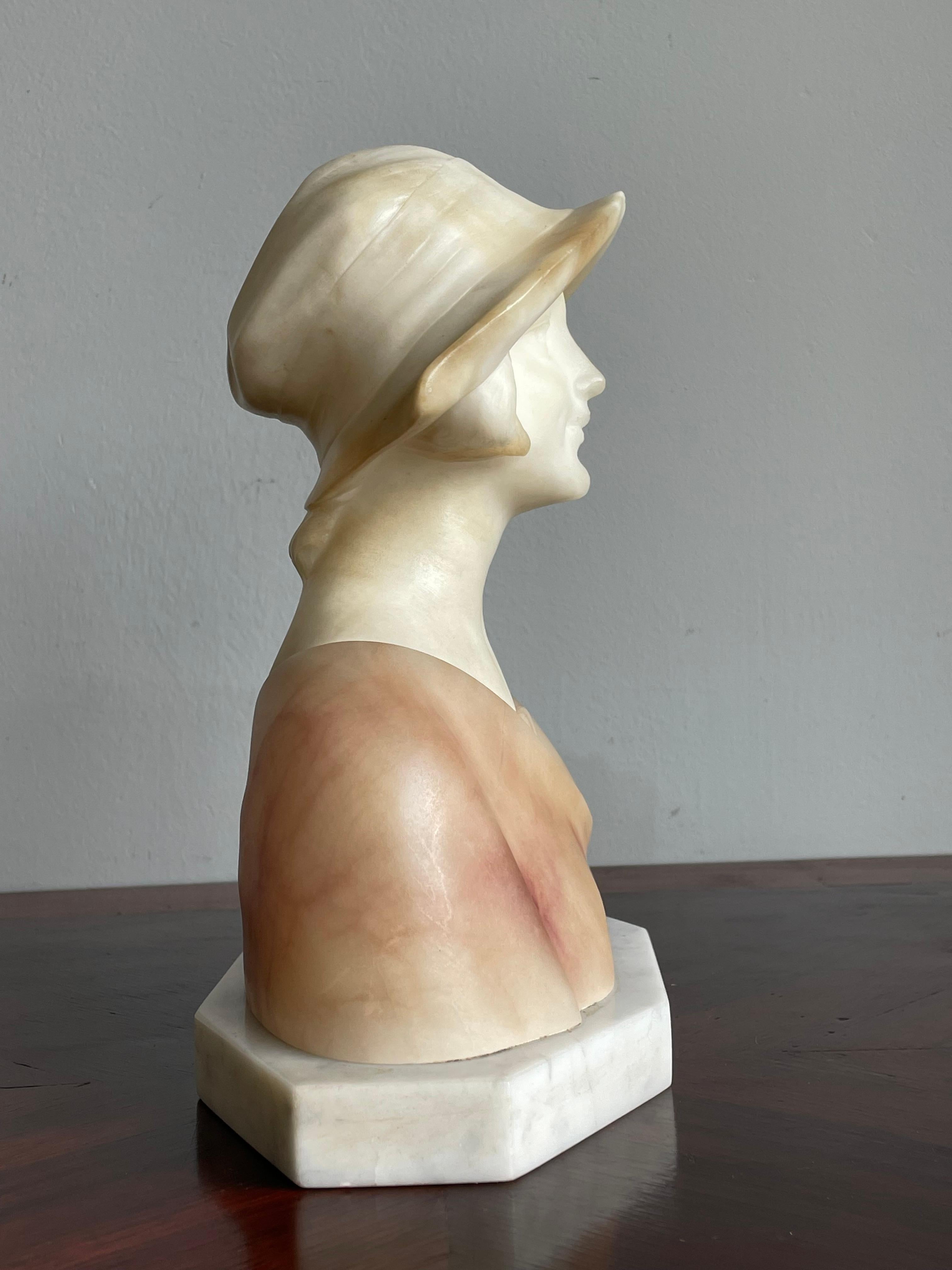 Hand Carved Antique Alabaster, Happy & Serene Lady Bust / Sculpture By Fattorini For Sale 3