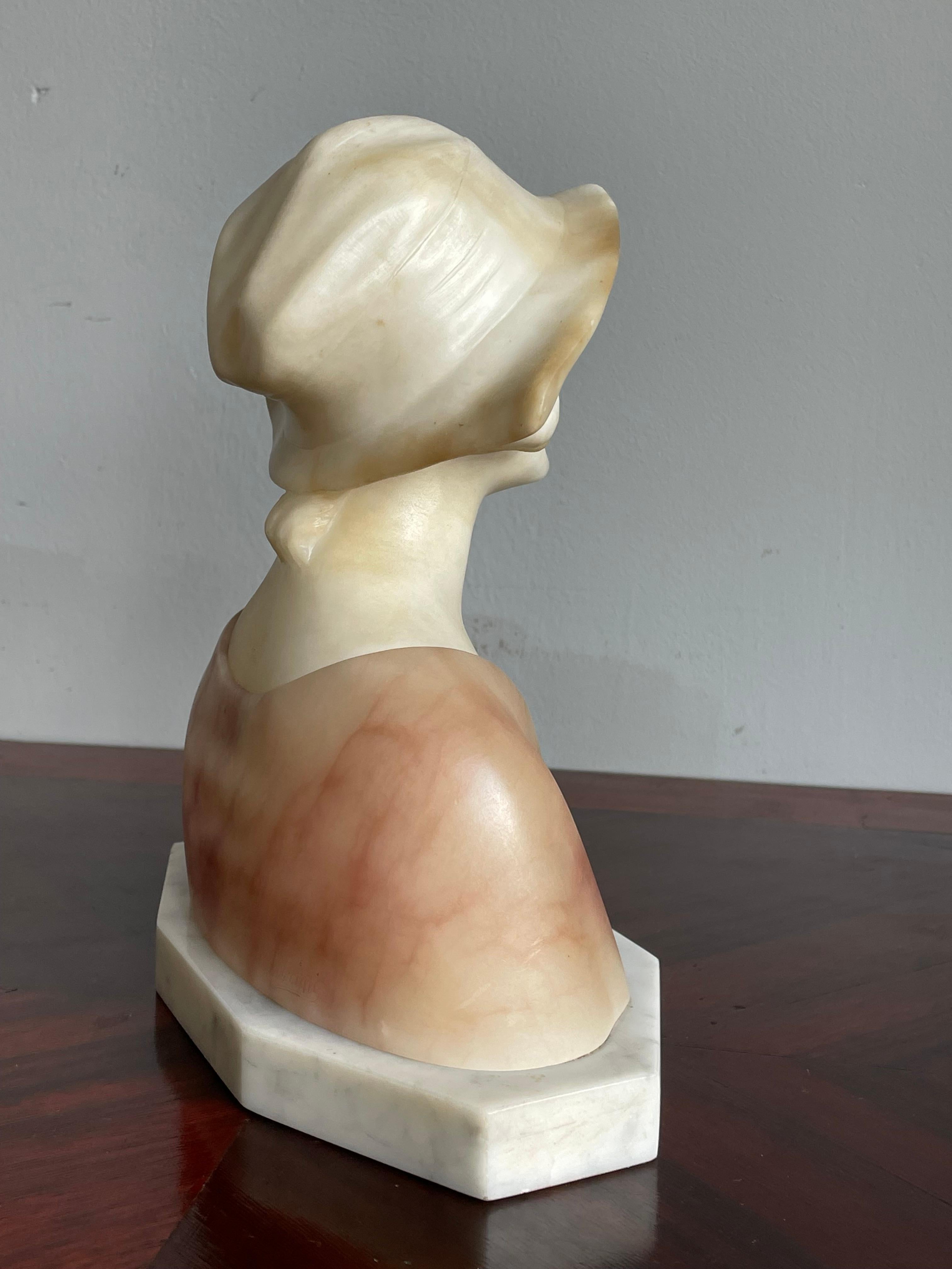 Hand Carved Antique Alabaster, Happy & Serene Lady Bust / Sculpture By Fattorini For Sale 4