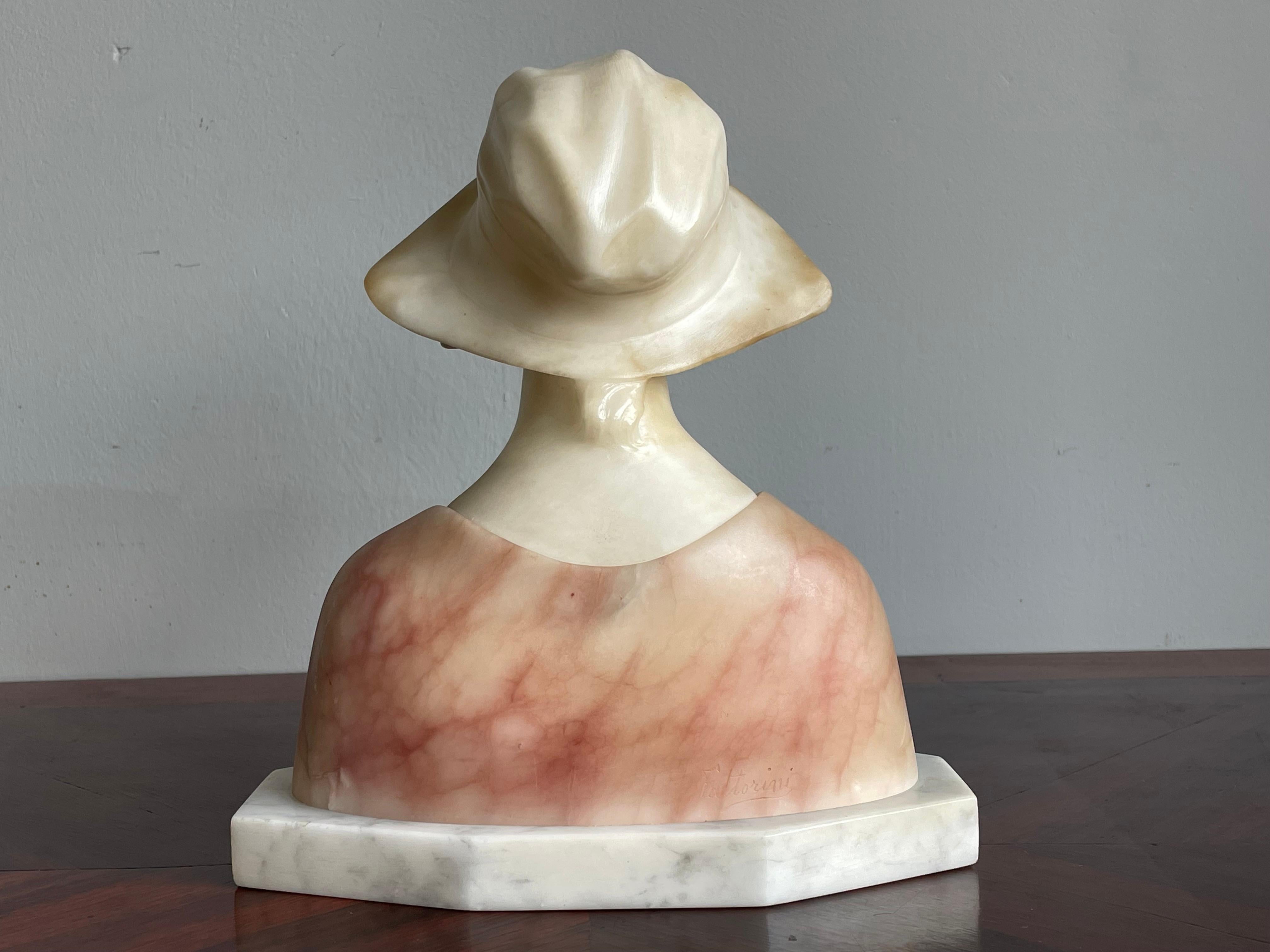 Hand Carved Antique Alabaster, Happy & Serene Lady Bust / Sculpture By Fattorini For Sale 5