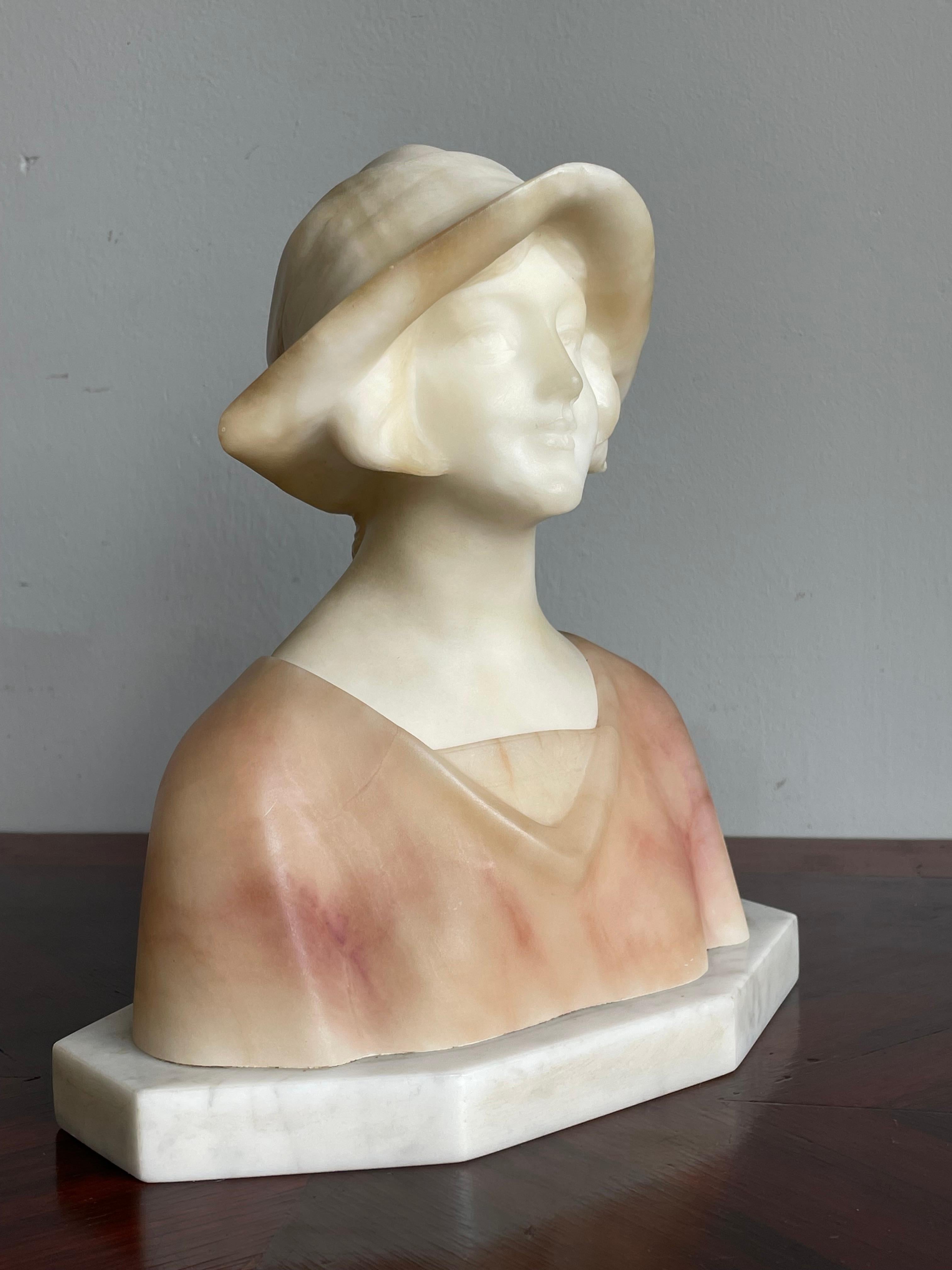 Hand Carved Antique Alabaster, Happy & Serene Lady Bust / Sculpture By Fattorini For Sale 7