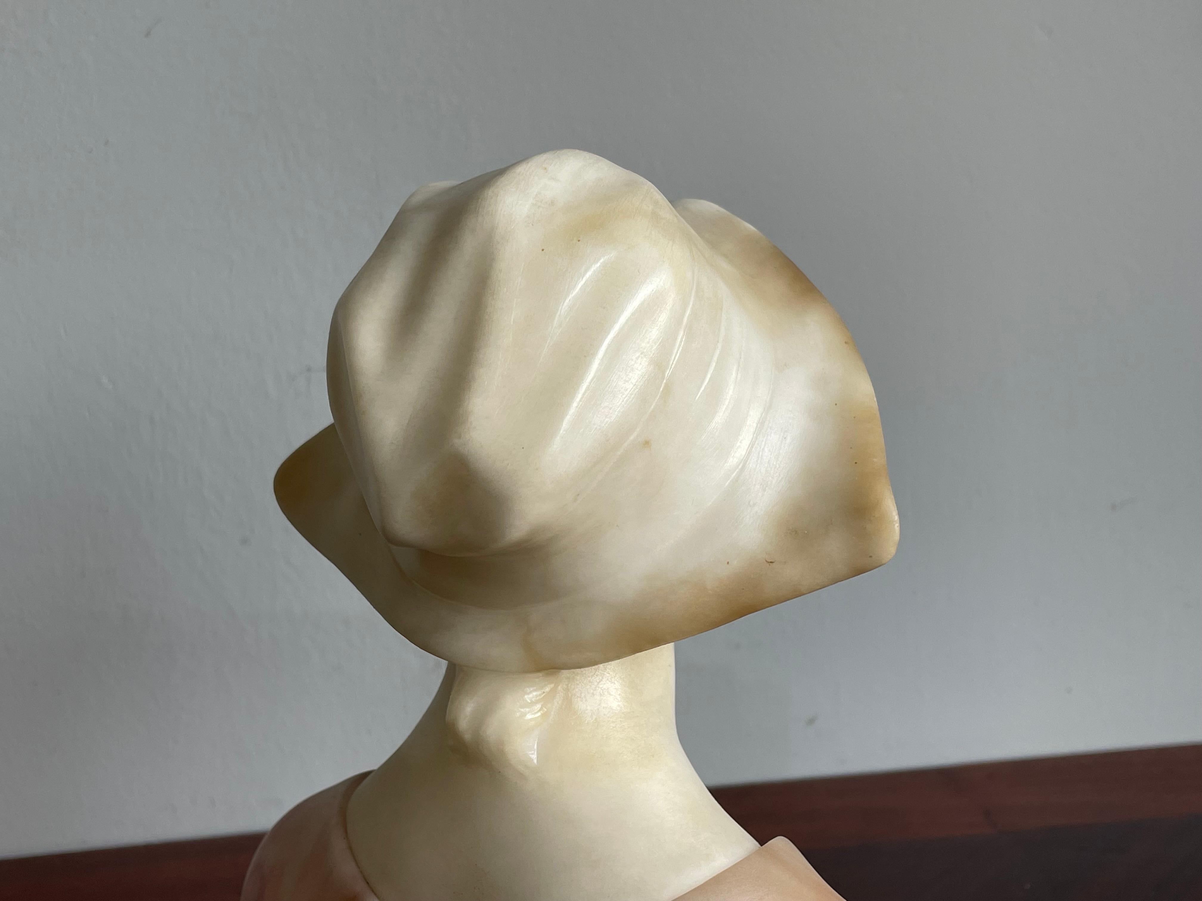 Hand Carved Antique Alabaster, Happy & Serene Lady Bust / Sculpture By Fattorini For Sale 9