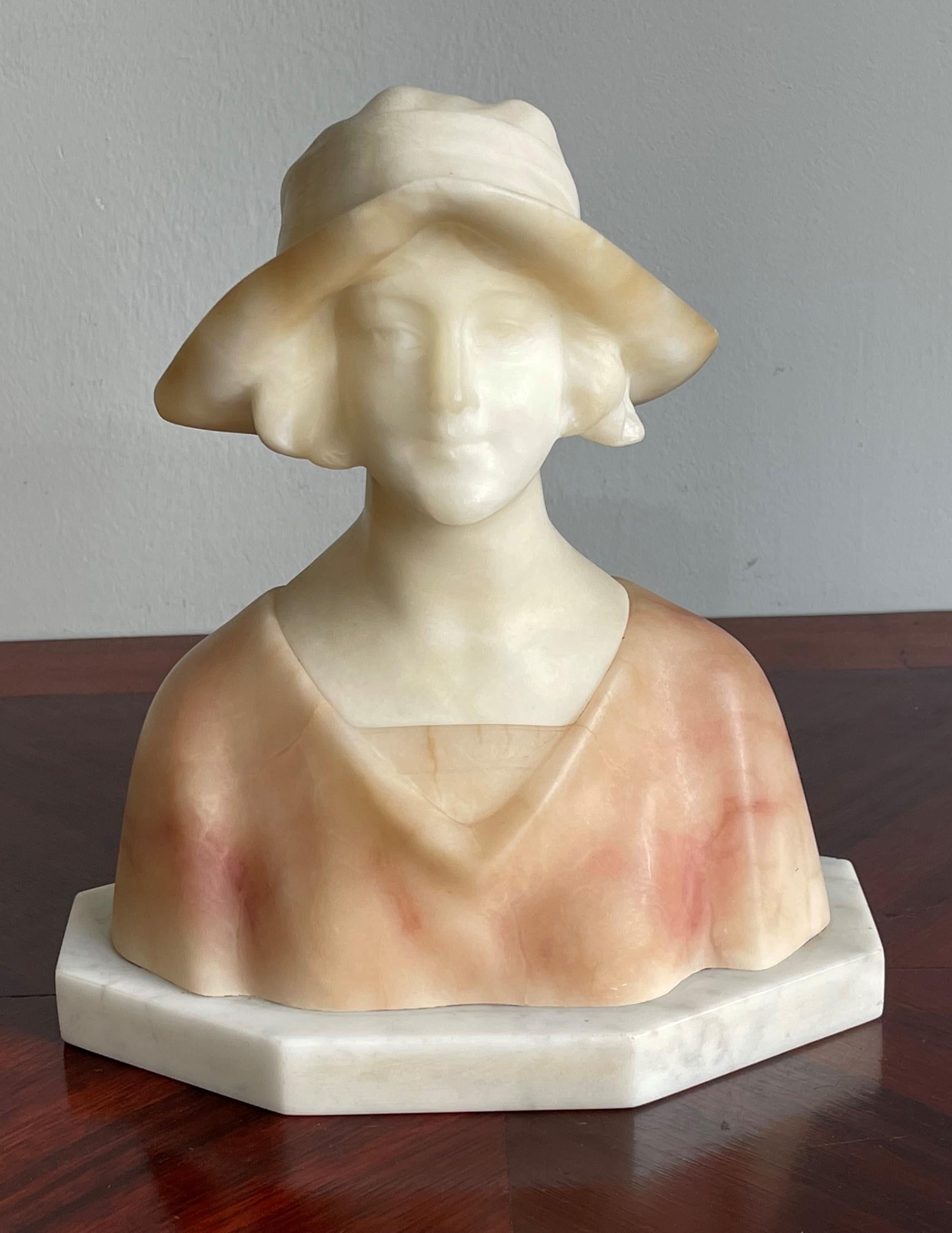 Hand Carved Antique Alabaster, Happy & Serene Lady Bust / Sculpture By Fattorini For Sale 12