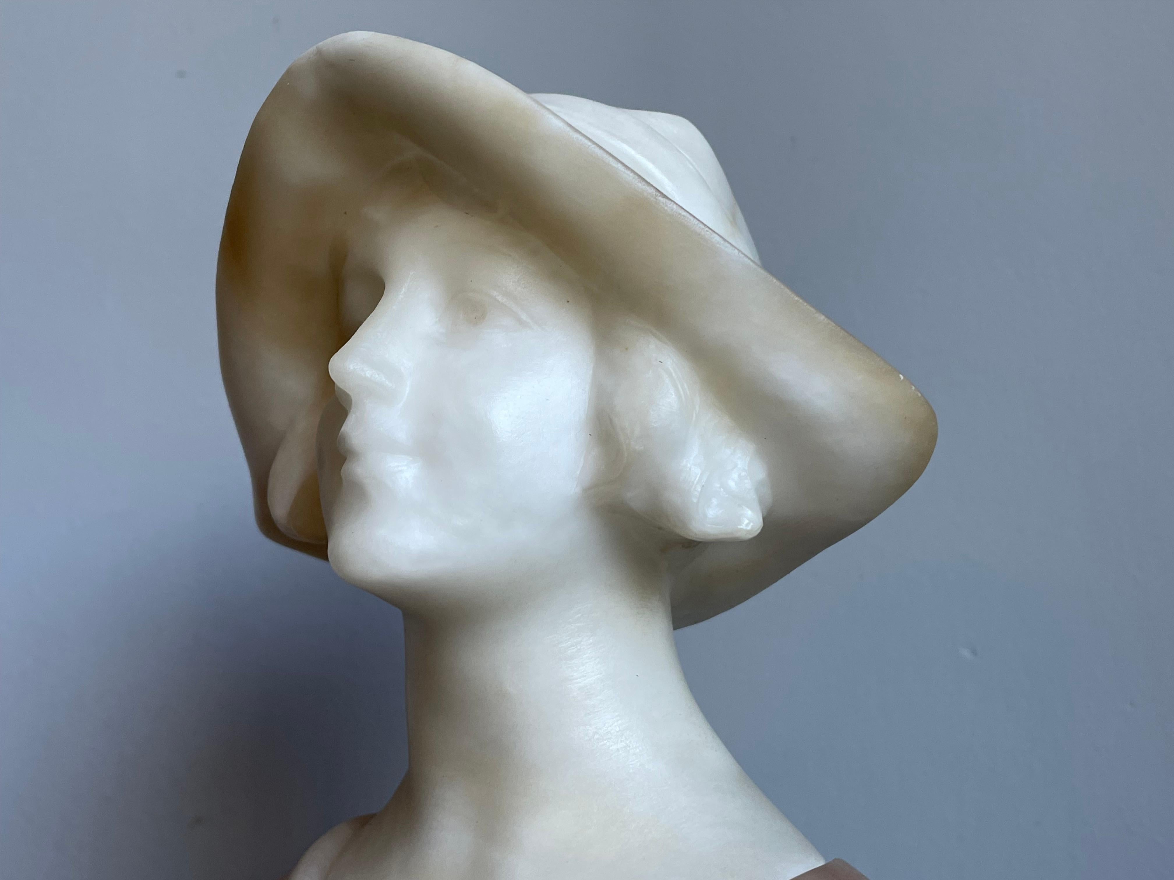 Hand-Carved Hand Carved Antique Alabaster, Happy & Serene Lady Bust / Sculpture By Fattorini For Sale