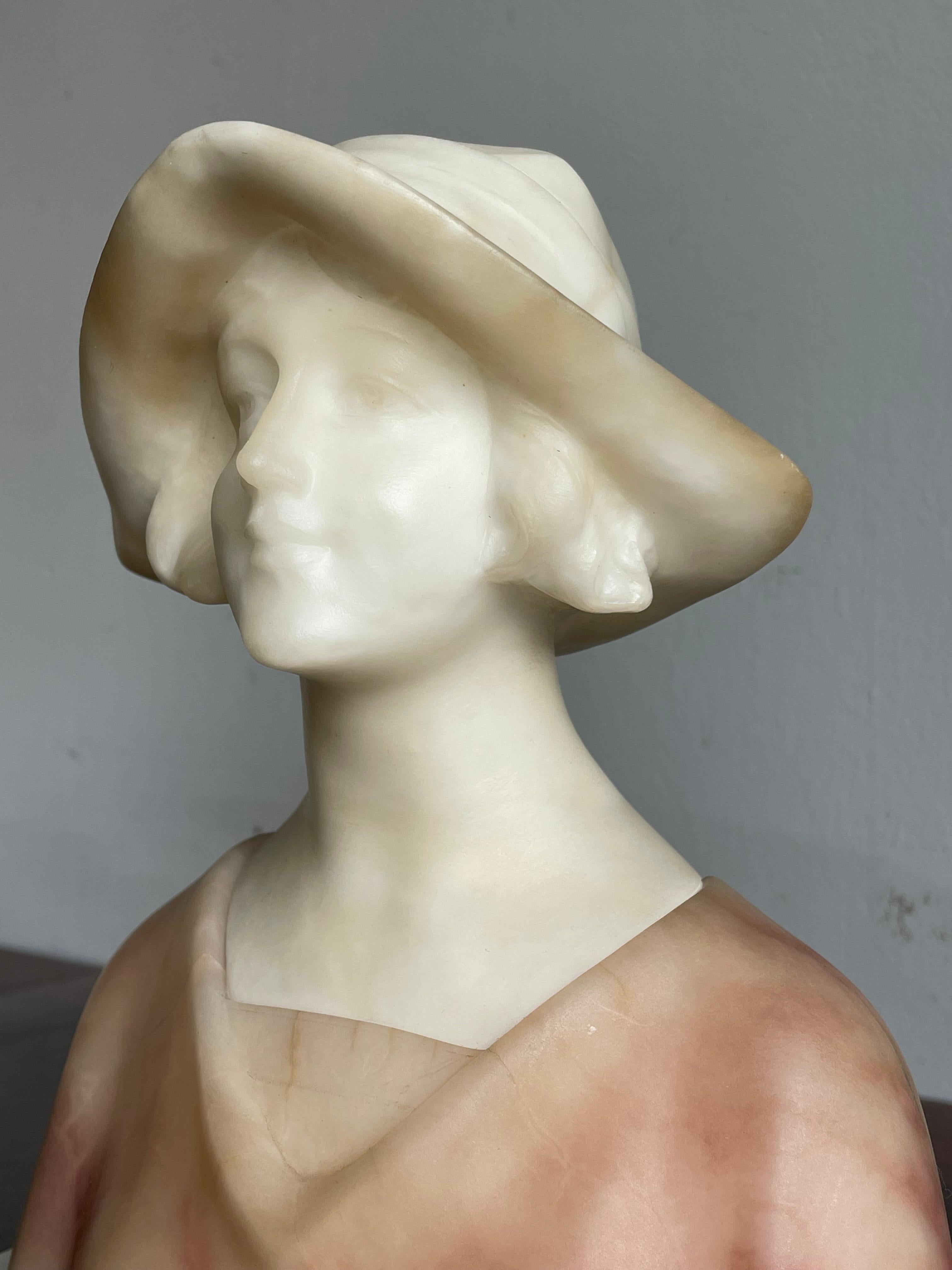 Hand Carved Antique Alabaster, Happy & Serene Lady Bust / Sculpture By Fattorini For Sale 1