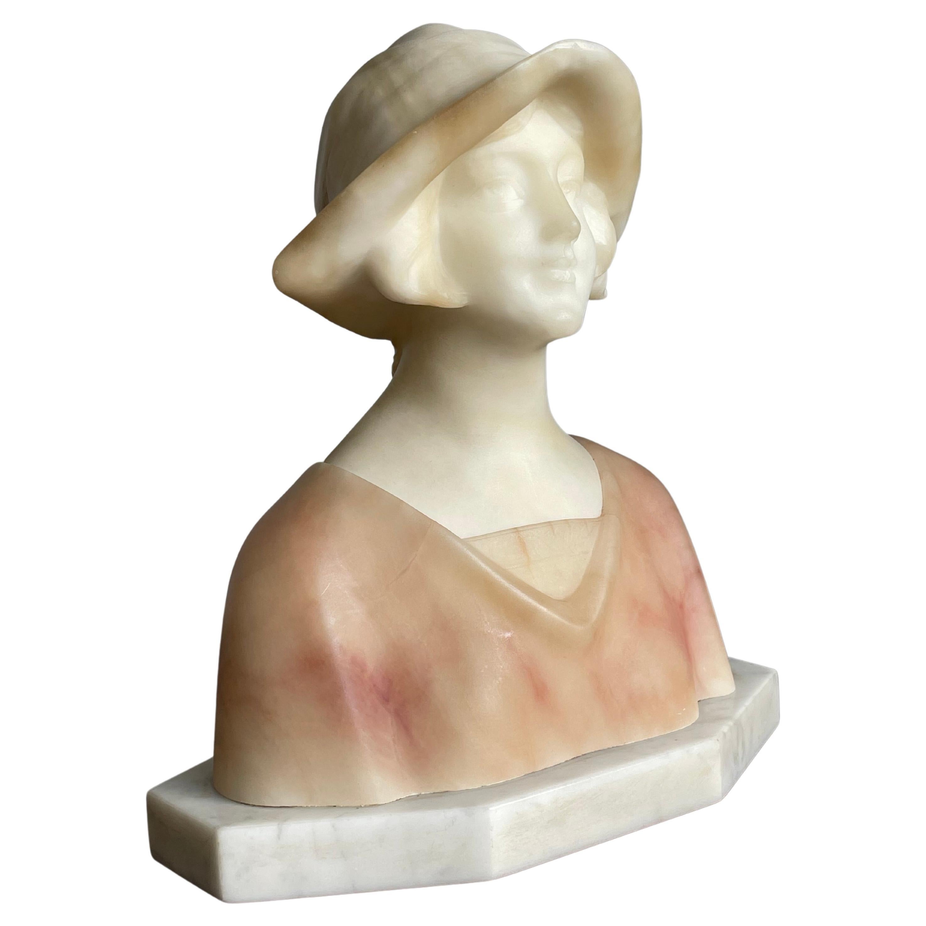 Hand Carved Antique Alabaster, Happy & Serene Lady Bust / Sculpture By Fattorini For Sale