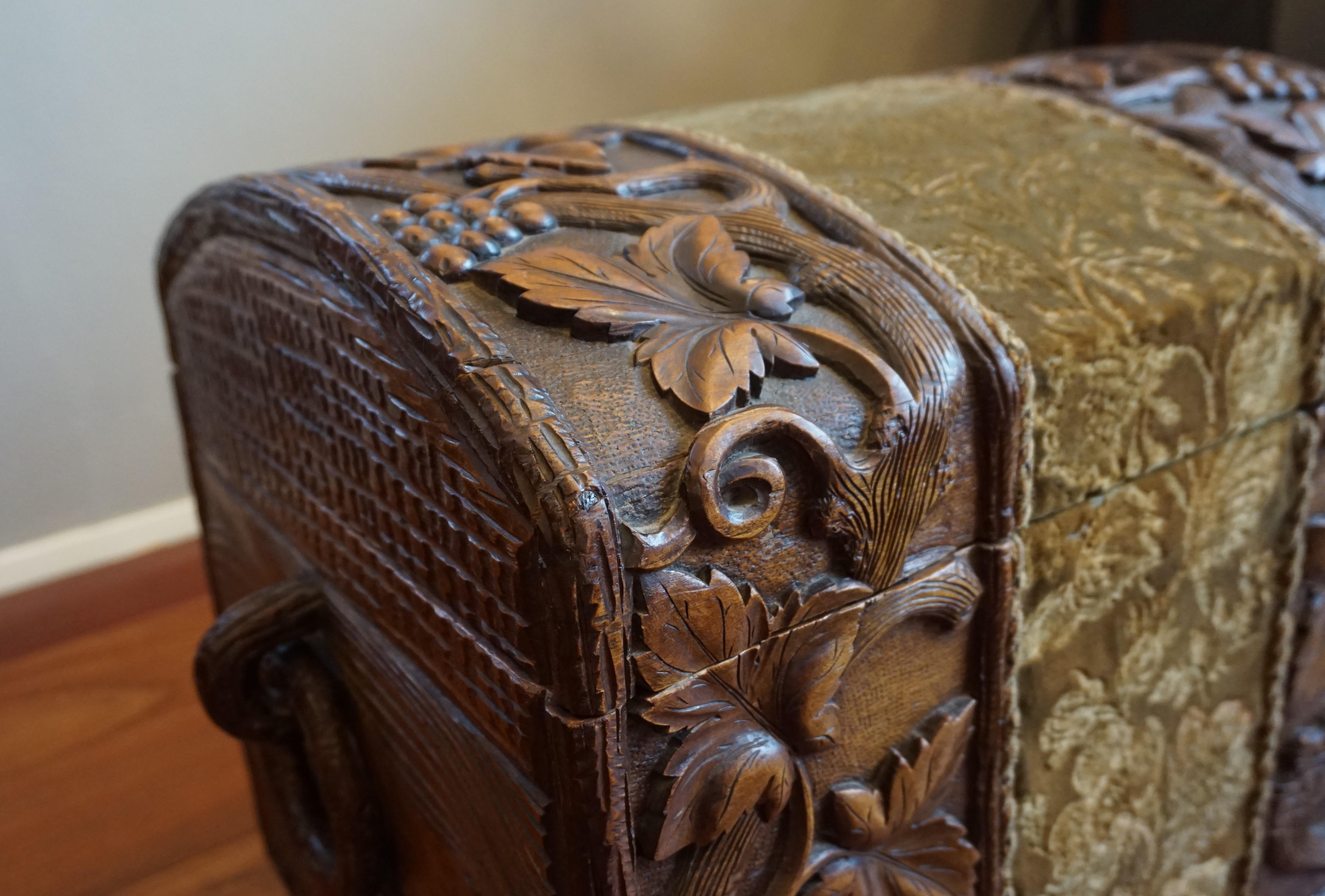 Fabric Hand Carved Antique Black Forest Trunk / Chest for Keeping Fireplace Wood & Wine For Sale