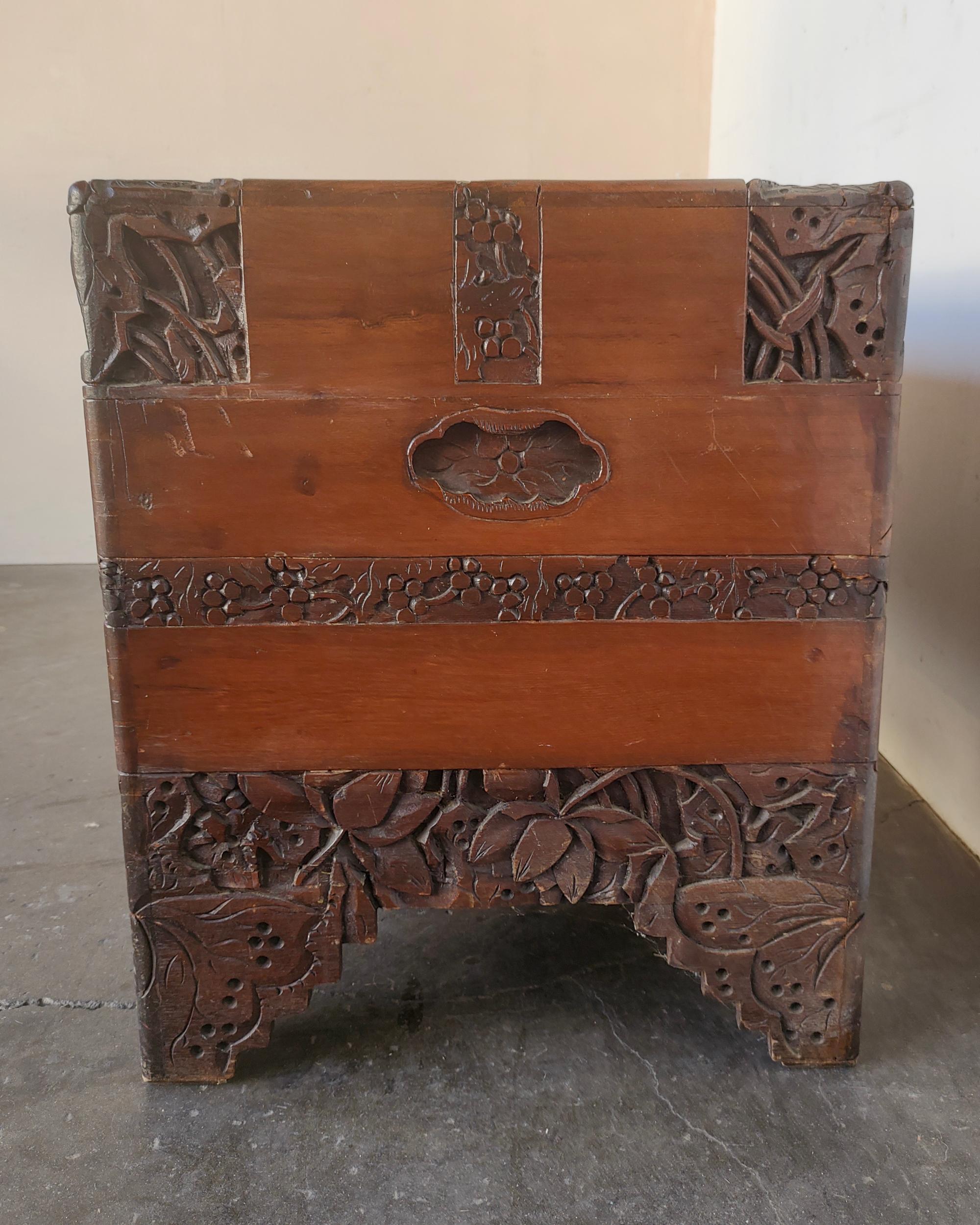 Hand-Carved Hand Carved Antique Camphor Wood Chest 19th Century