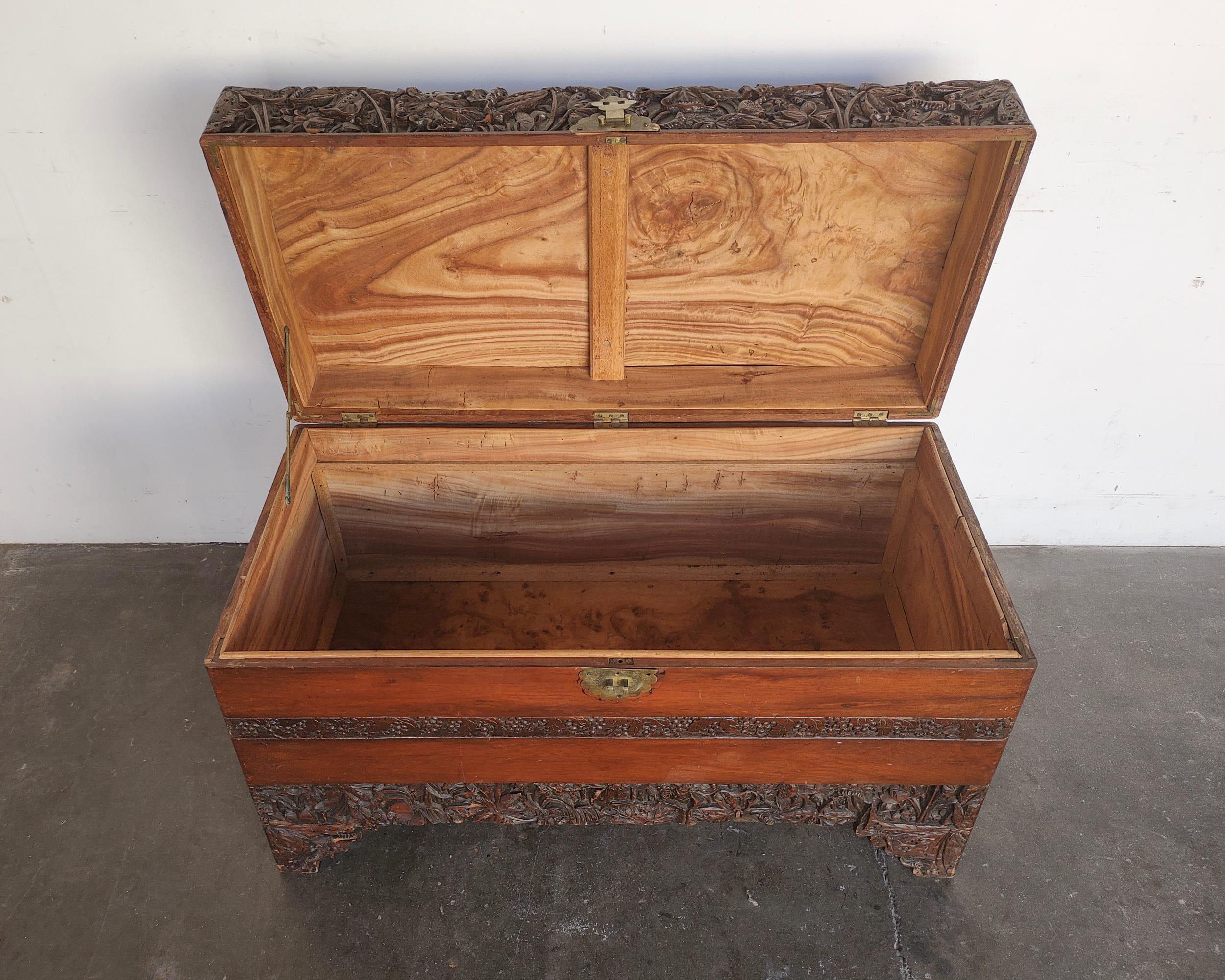 Hand Carved Antique Camphor Wood Chest 19th Century In Distressed Condition In Hawthorne, CA