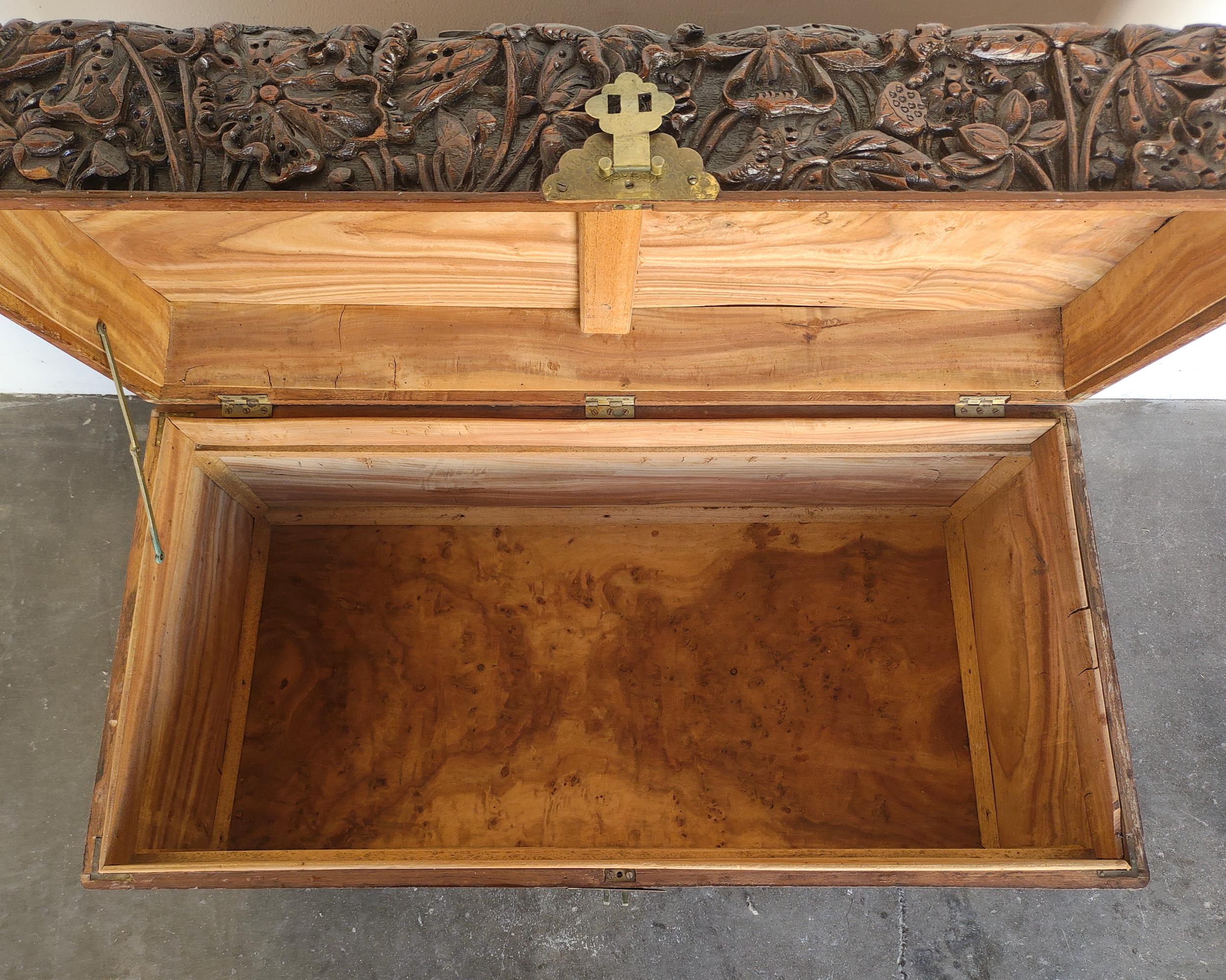 Brass Hand Carved Antique Camphor Wood Chest 19th Century