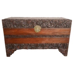 Hand Carved Antique Camphor Wood Chest 19th Century