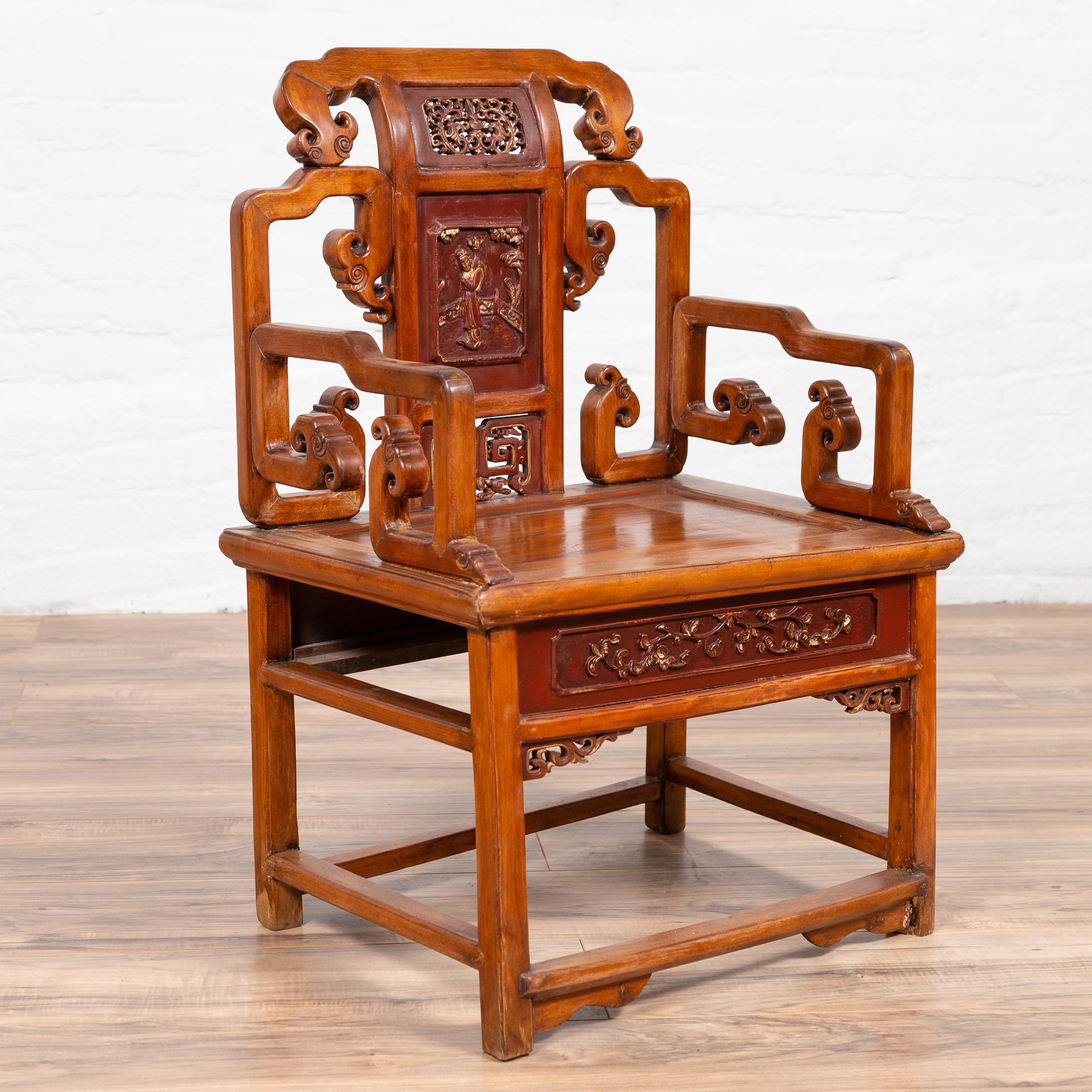 Hand Carved Antique Chinese Chair with Natural Wood Patina and Scroll Décor 2