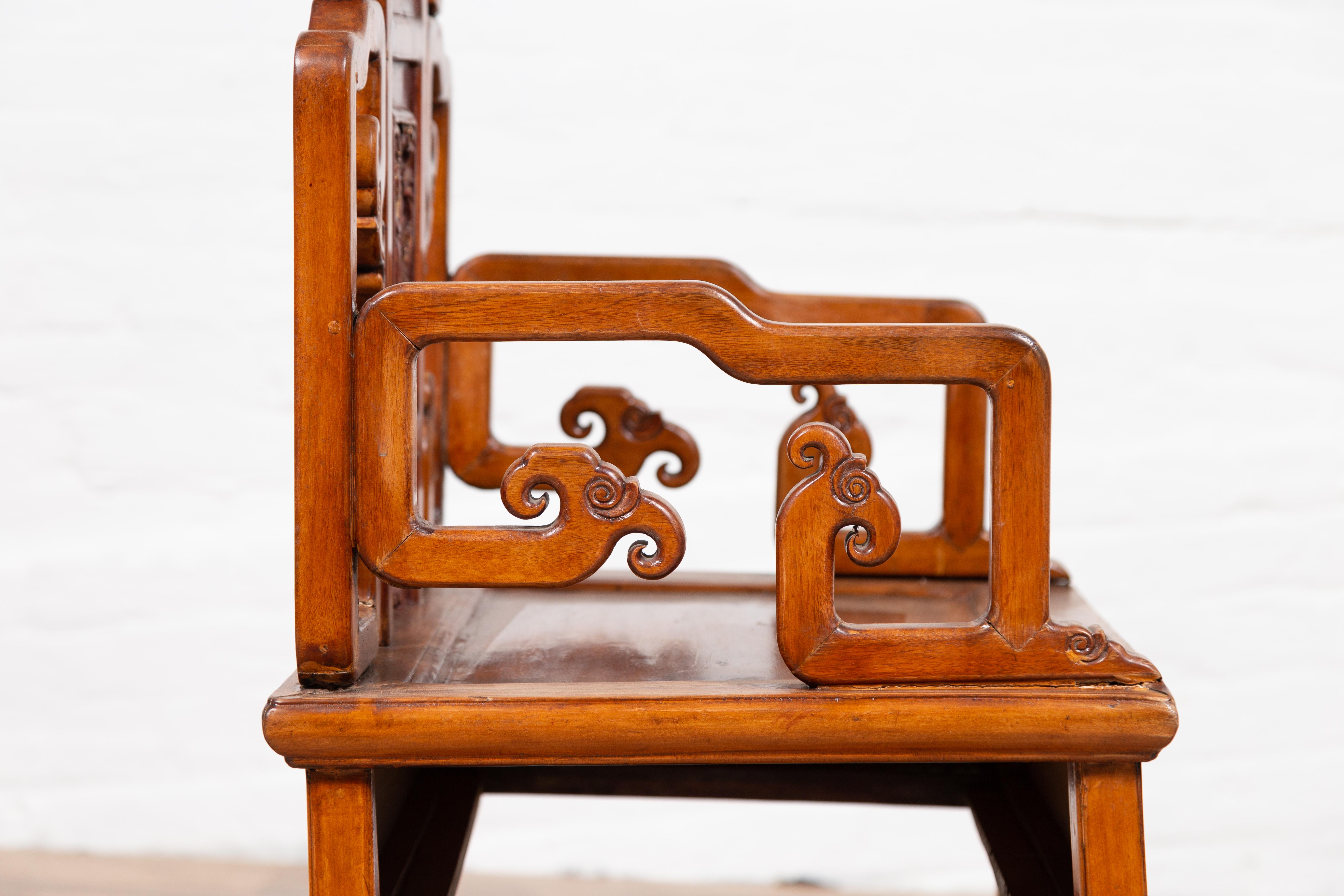 Hand Carved Antique Chinese Chair with Natural Wood Patina and Scroll Décor 4