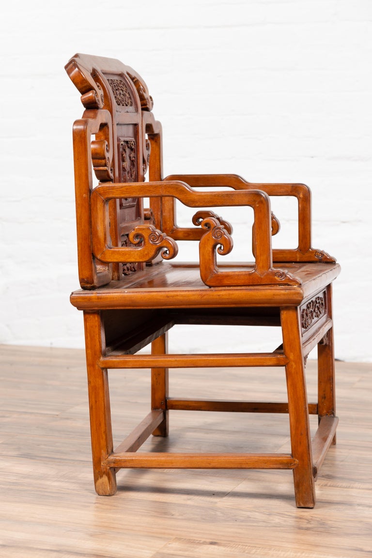 Hand Carved Antique Chinese Chair with Natural Wood Patina and Scroll