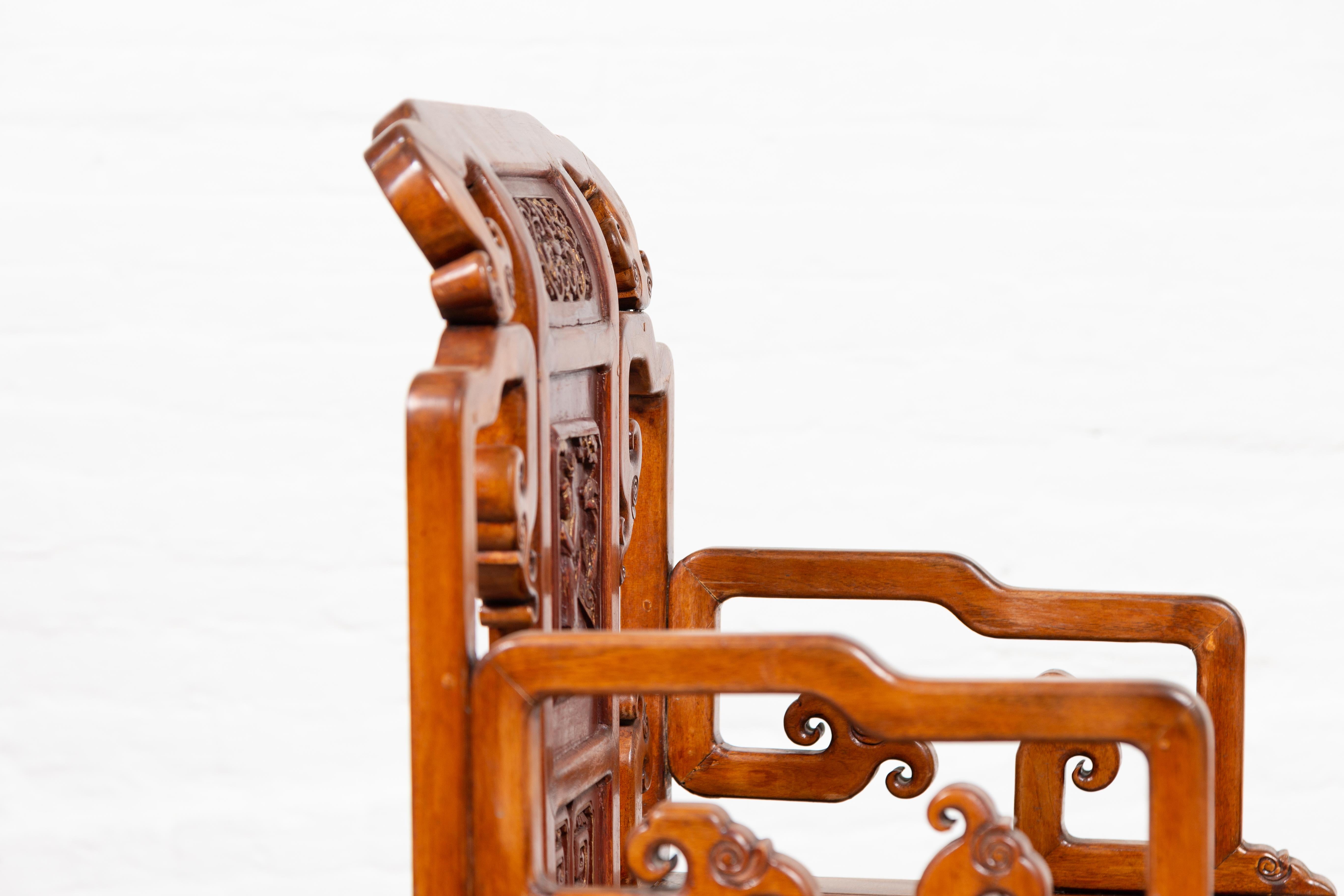 Hand Carved Antique Chinese Chair with Natural Wood Patina and Scroll Décor 6