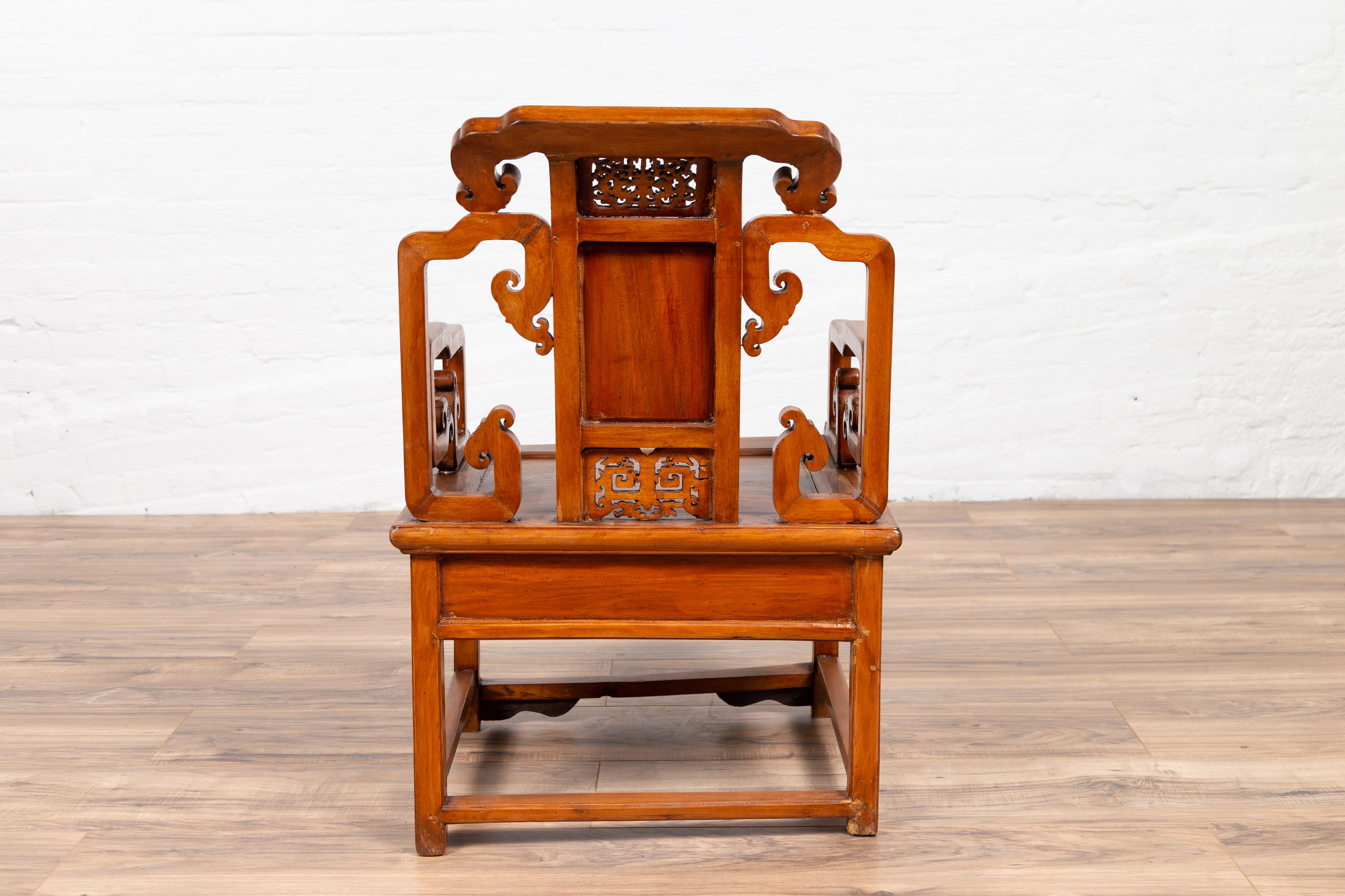 Hand Carved Antique Chinese Chair with Natural Wood Patina and Scroll Décor 7