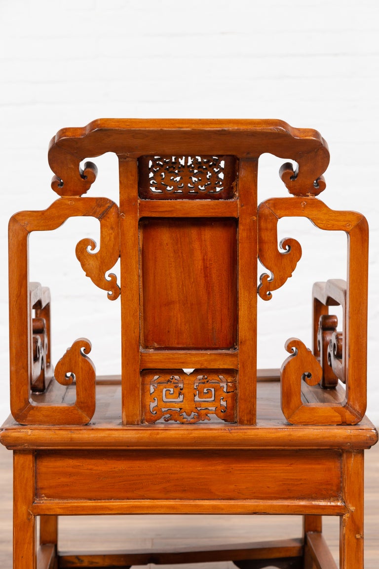 Hand Carved Antique Chinese Chair with Natural Wood Patina and Scroll