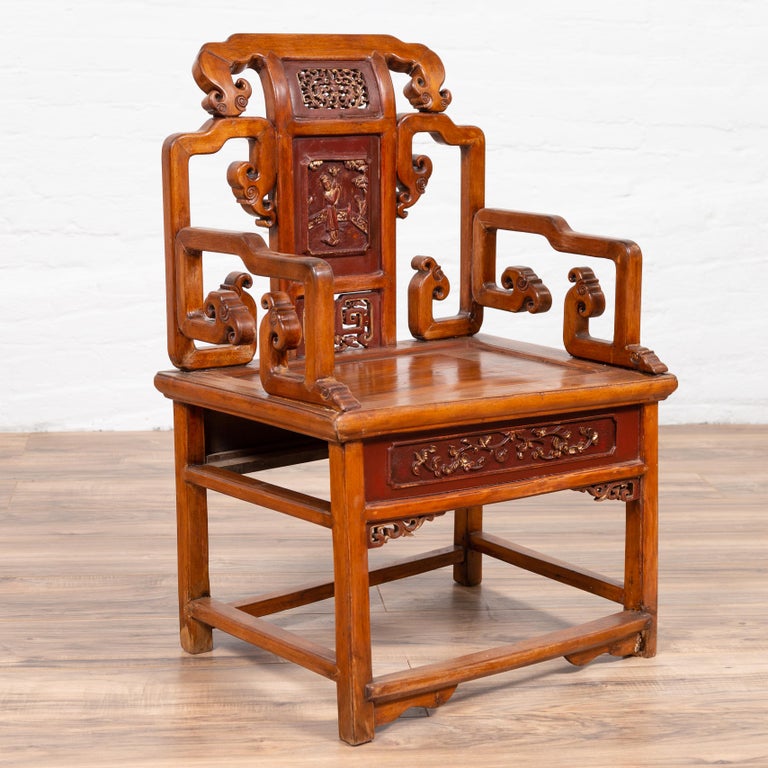 Hand Carved Antique Chinese Chair with Natural Wood Patina and Scroll