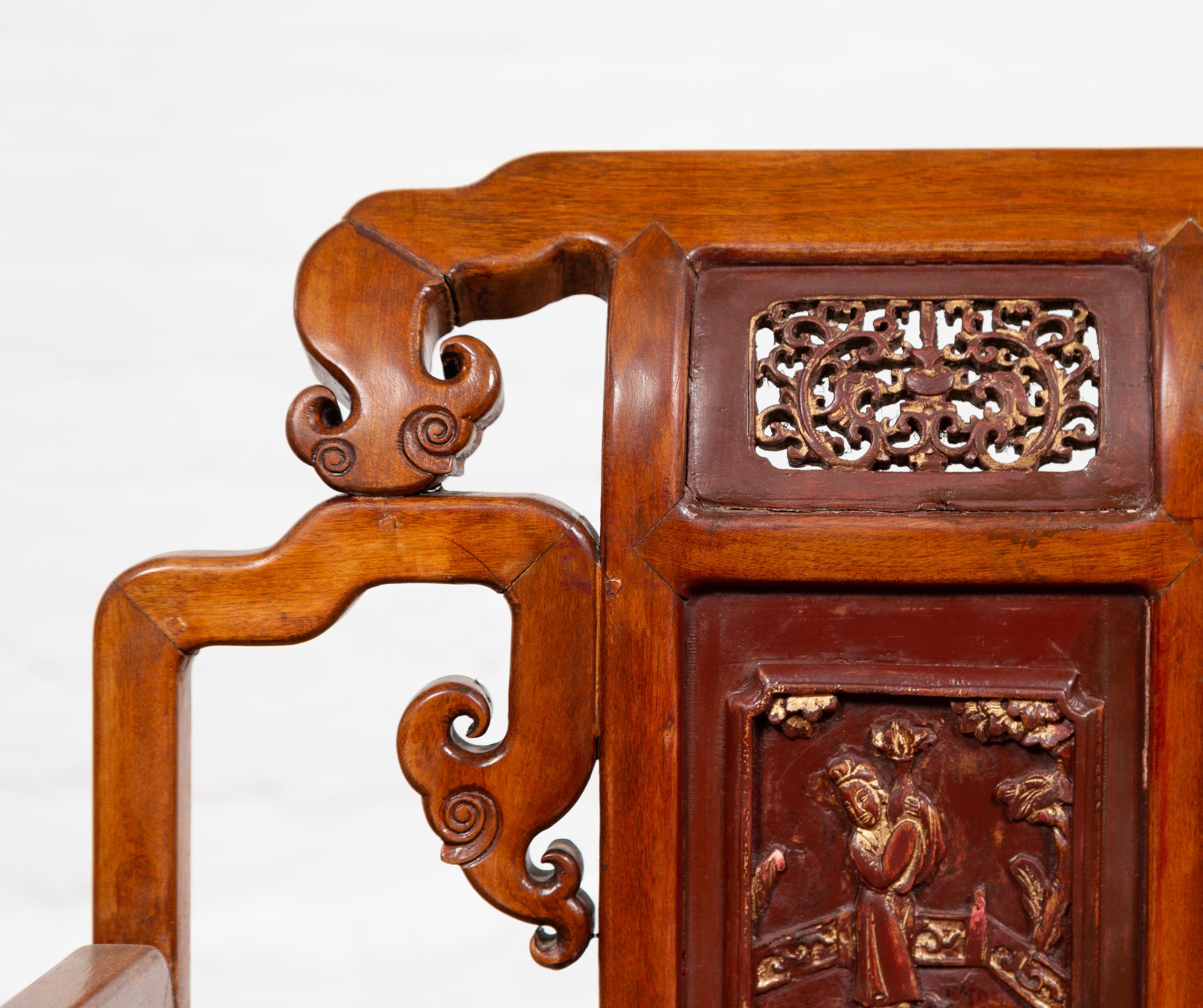 Hand-Carved Hand Carved Antique Chinese Chair with Natural Wood Patina and Scroll Décor