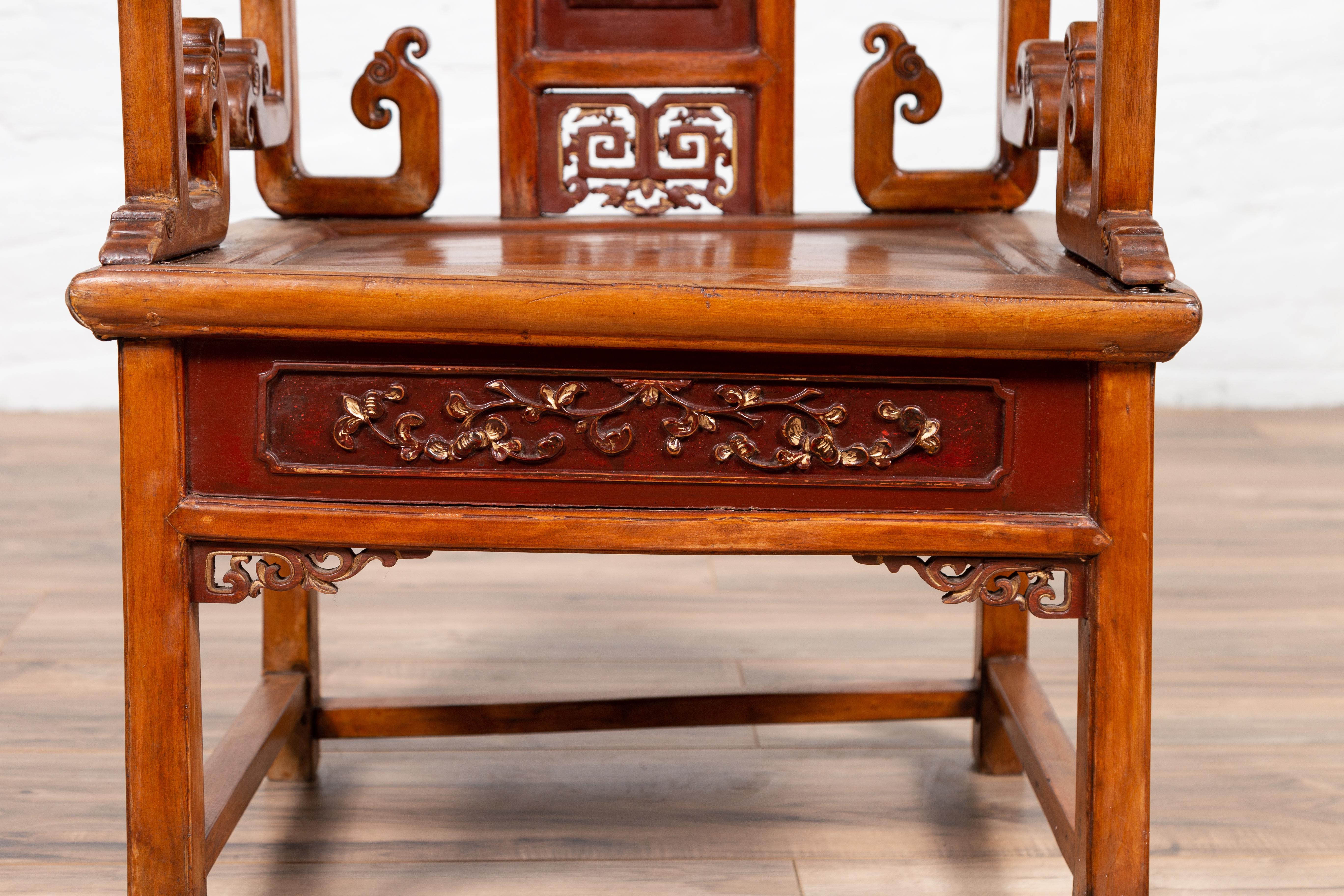 19th Century Hand Carved Antique Chinese Chair with Natural Wood Patina and Scroll Décor