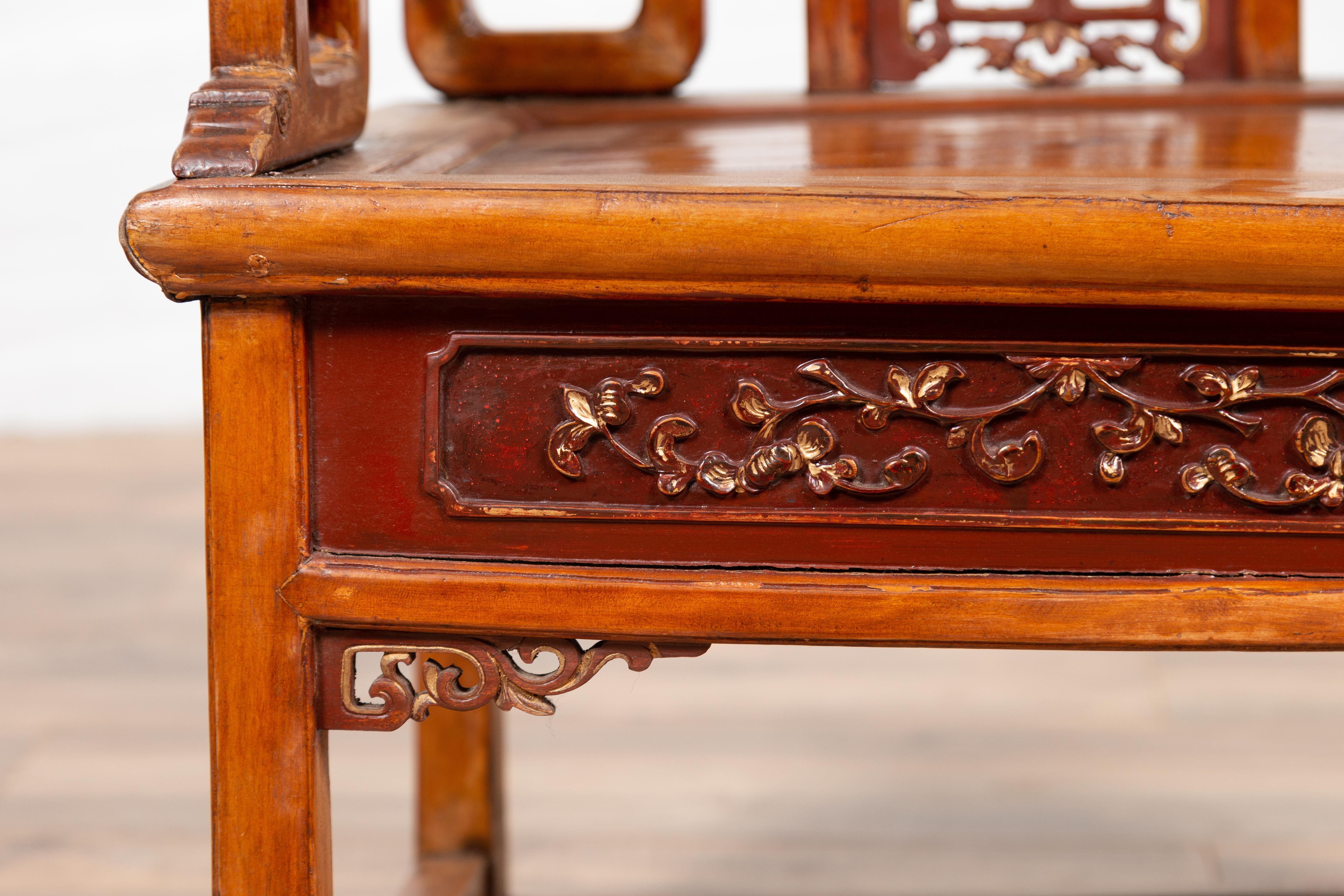 Hand Carved Antique Chinese Chair with Natural Wood Patina and Scroll Décor 1
