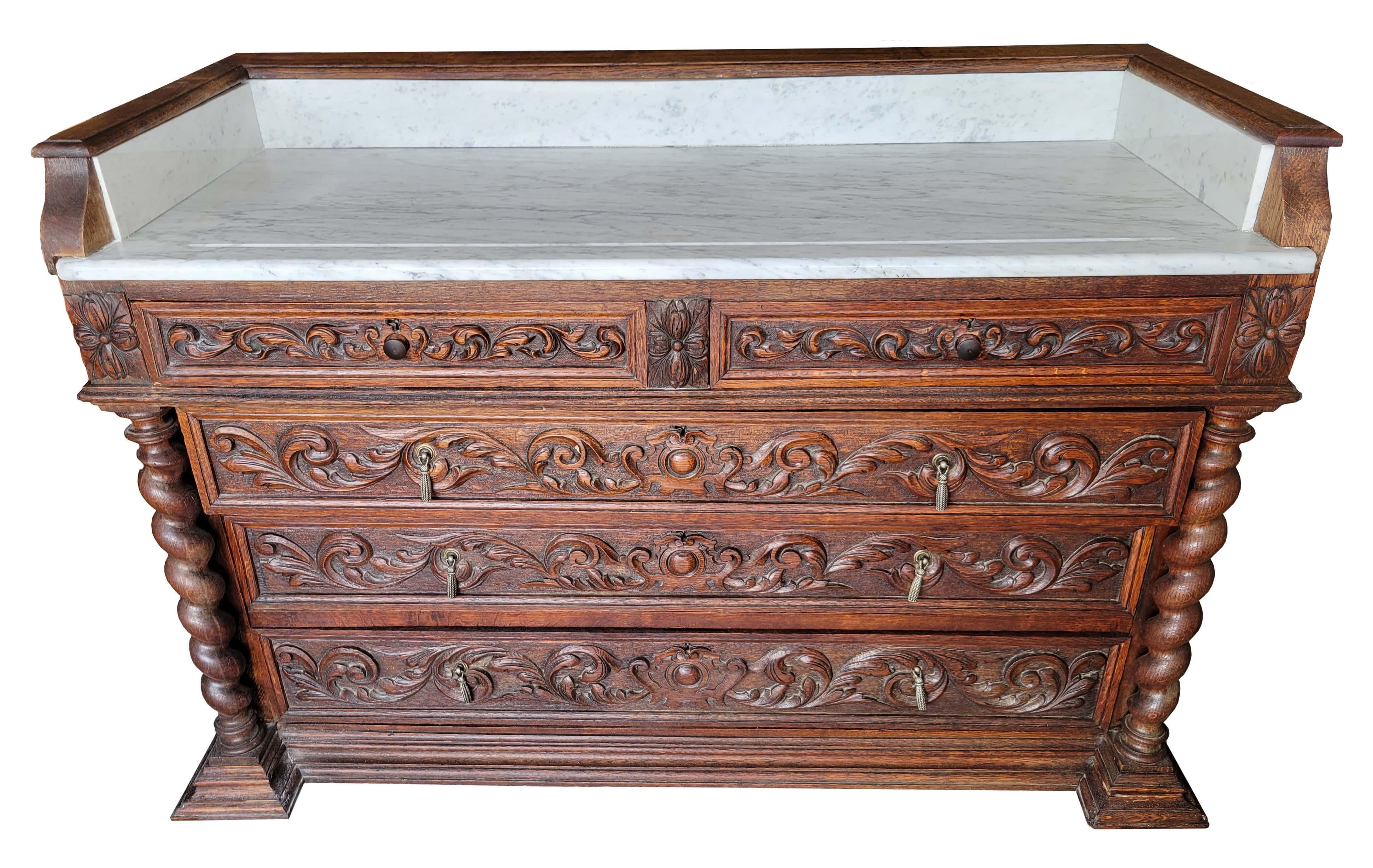 1890s Eastlake Carved Walnut MarbleTop Vanity Dresser with Ten Drawers