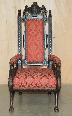 HAND CARVED ANTiQUE FRENCH EMPIRE GRIFFIN ARMORIAL CREST COAT OF ARMS ARMCHAIR