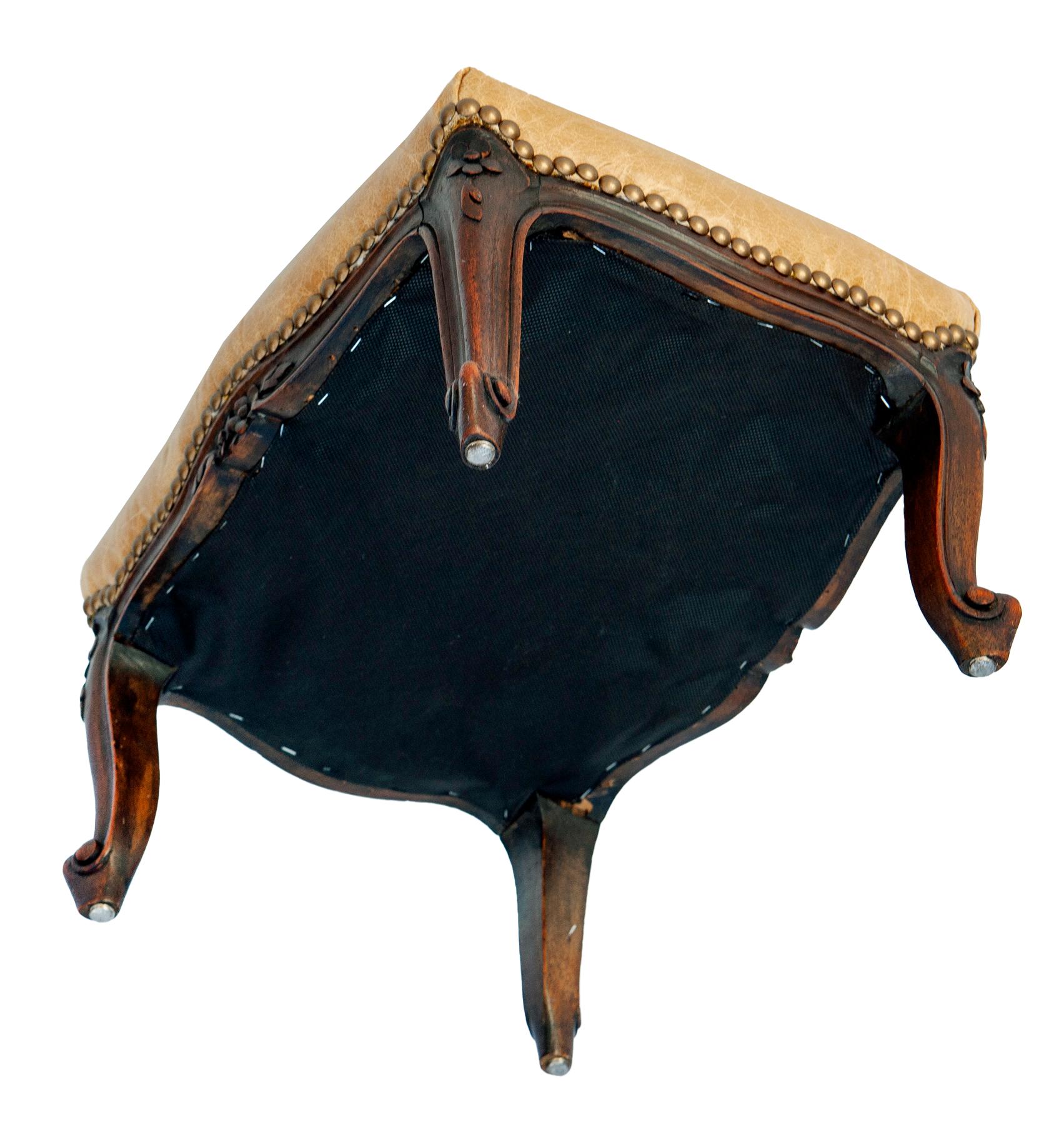 Hand carved Antique French Leather Footstool For Sale 4