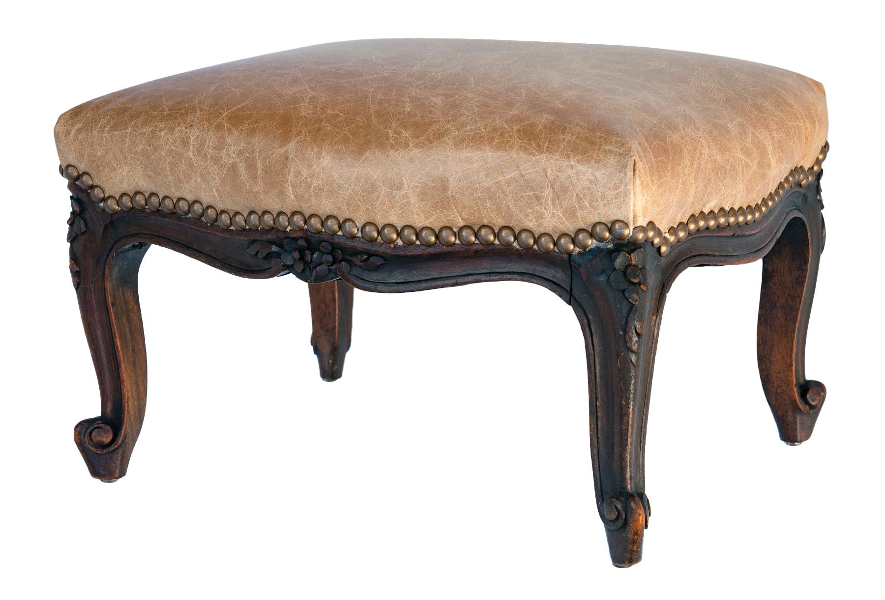French Provincial Hand carved Antique French Leather Footstool For Sale