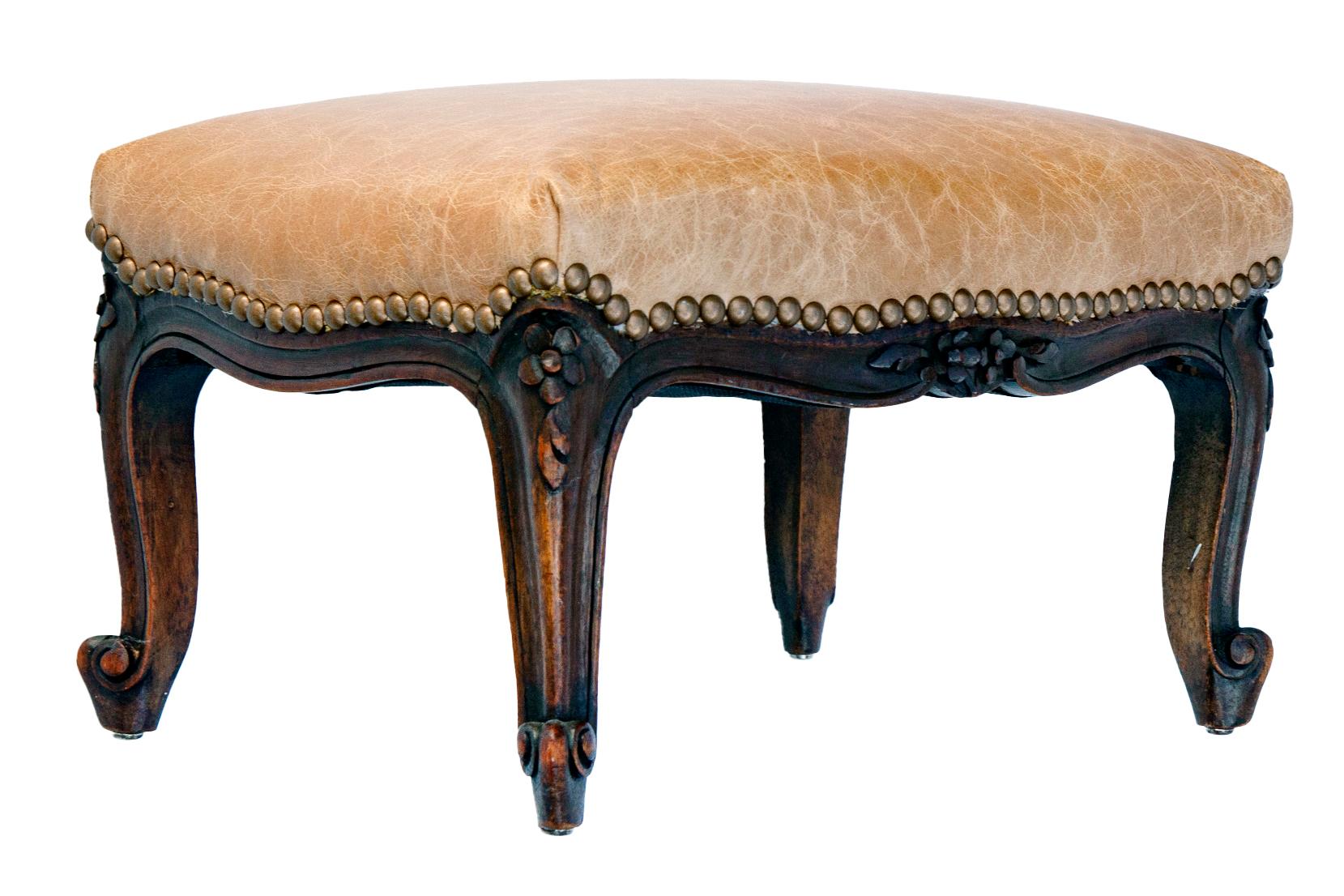Hand-Carved Hand carved Antique French Leather Footstool For Sale