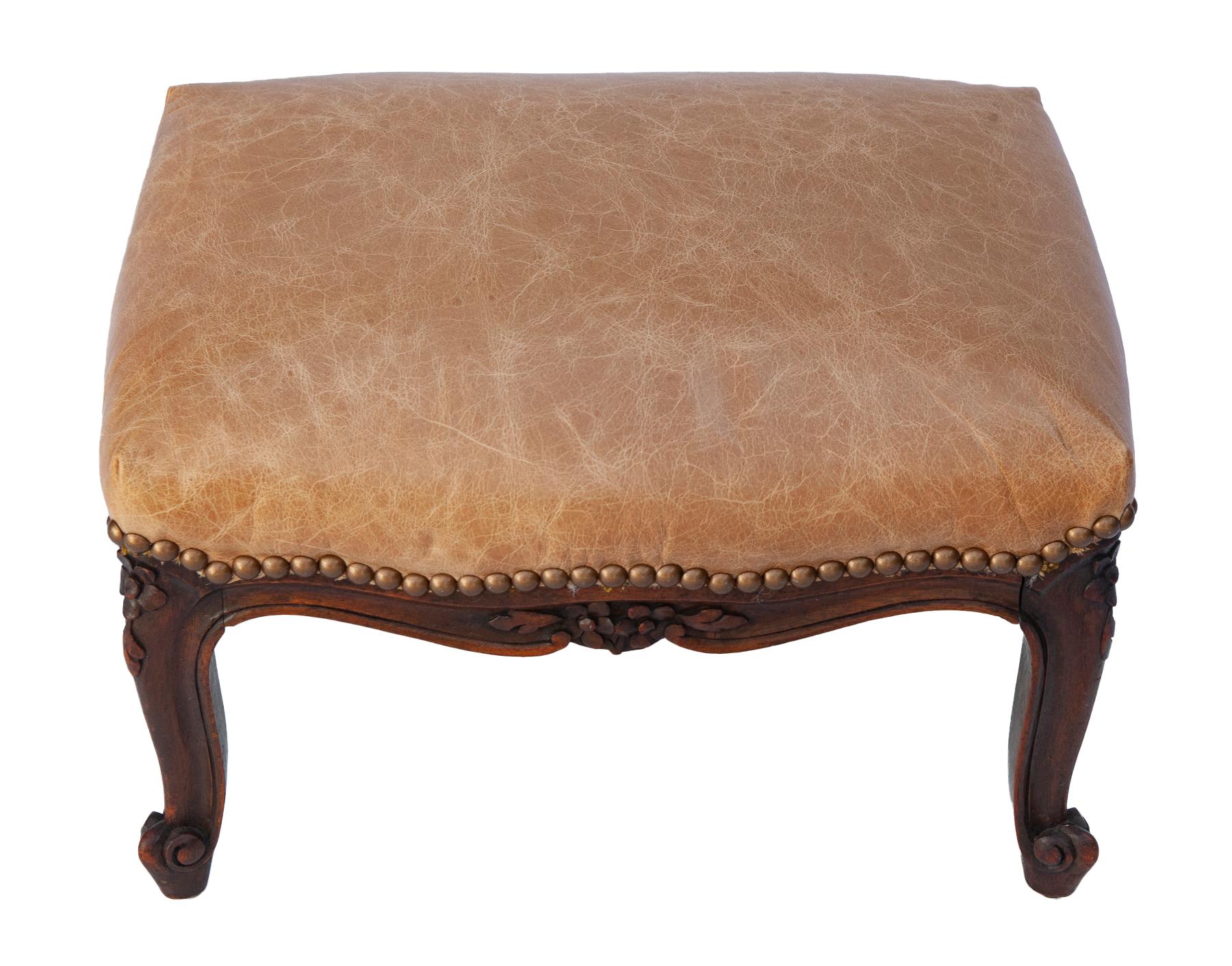Hand carved Antique French Leather Footstool In Good Condition For Sale In Malibu, CA