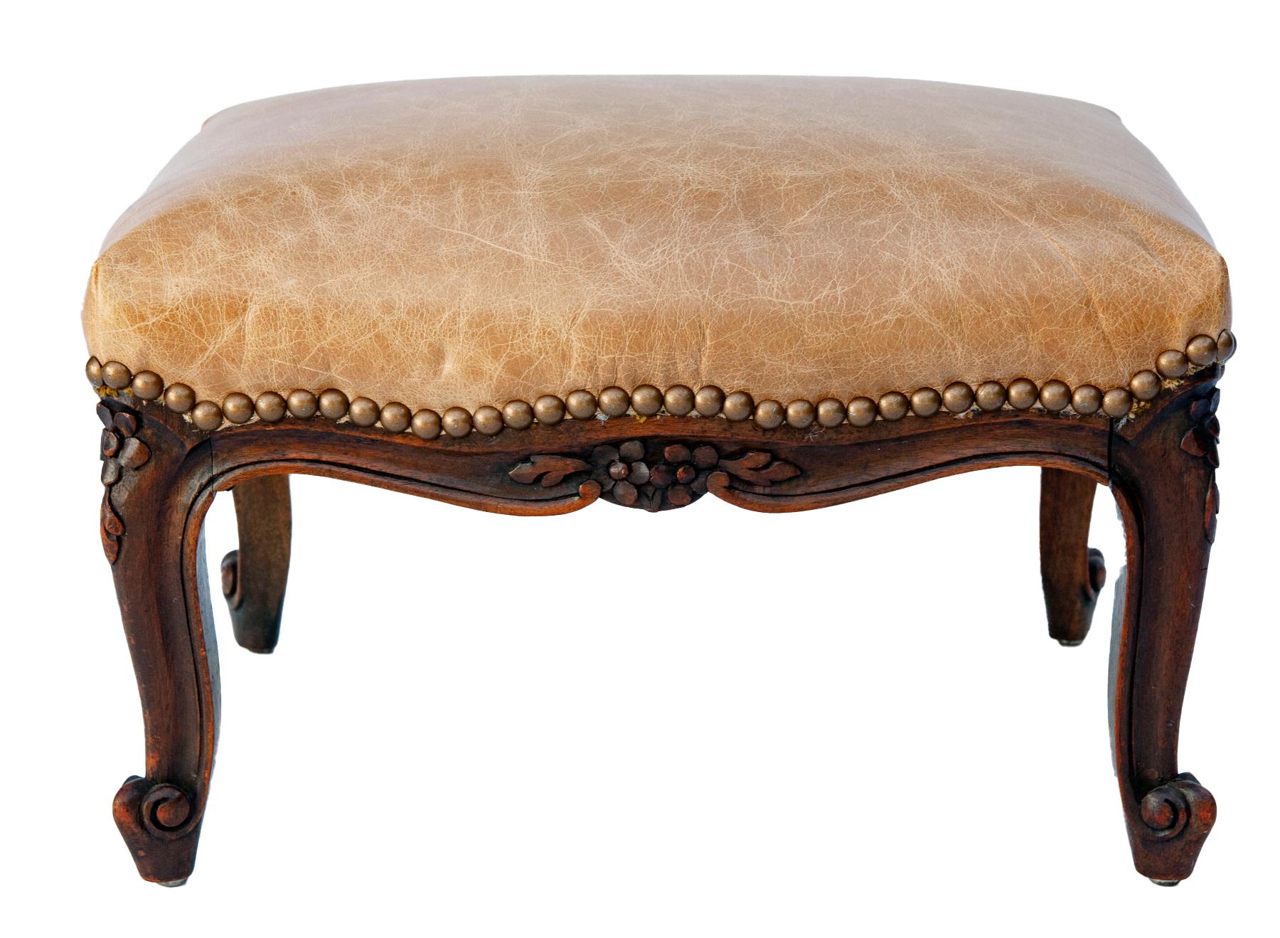 Hand carved Antique French Leather Footstool For Sale 1