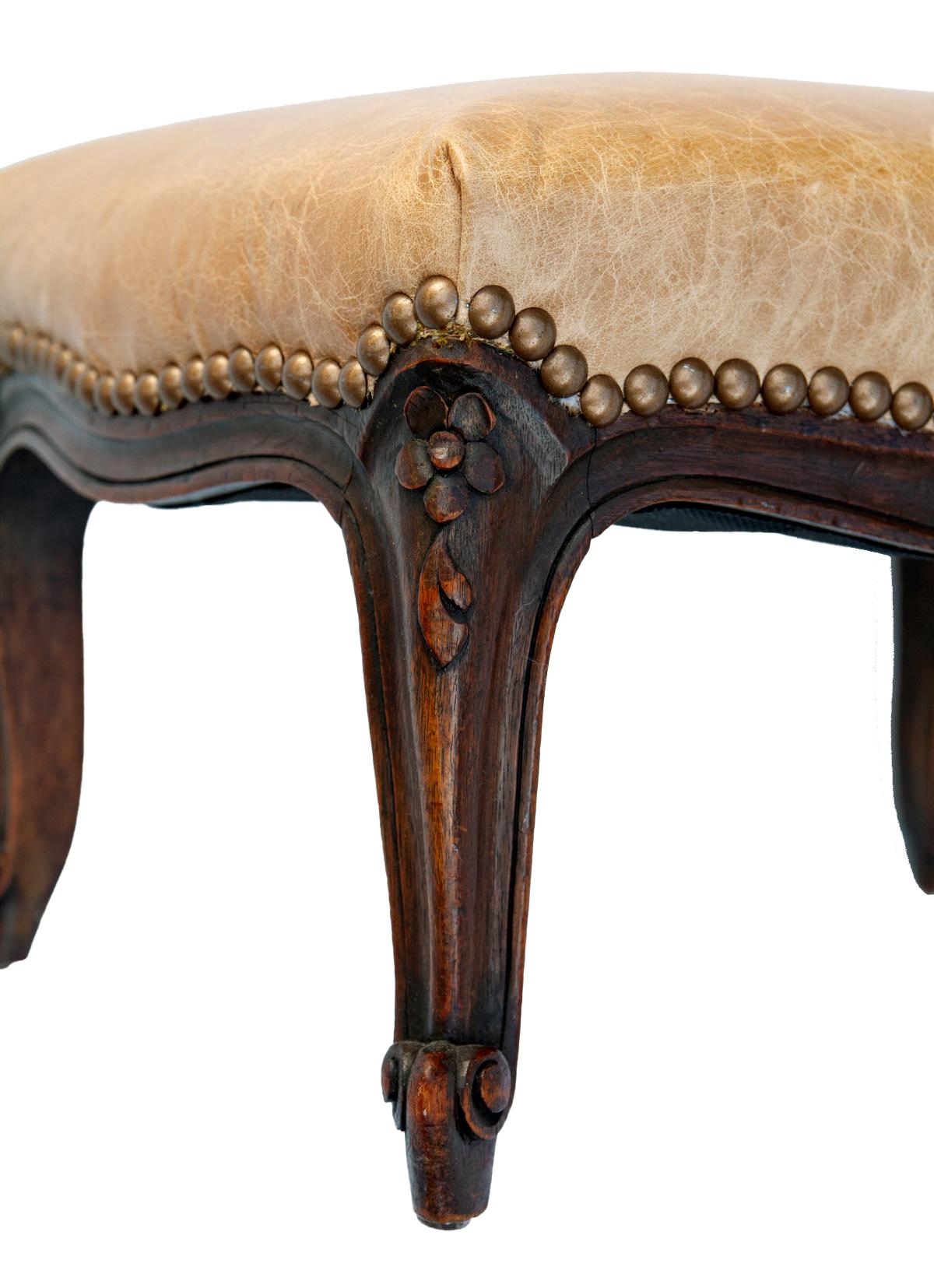 Hand carved Antique French Leather Footstool For Sale 3