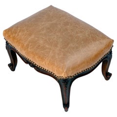 Hand carved Antique French Leather Footstool