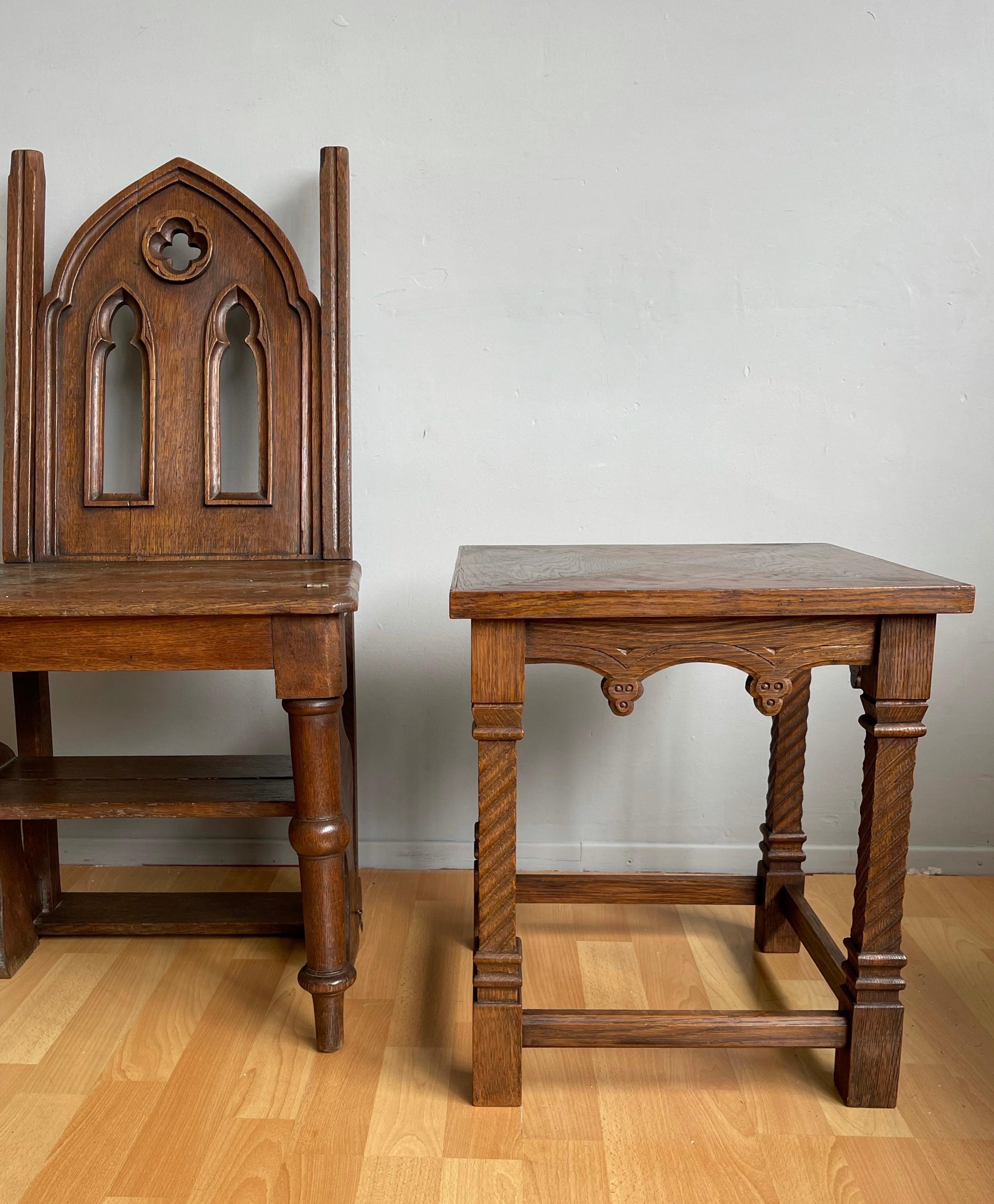 Oak Hand Carved Antique Gothic Revival Practical End Table w. Inlaid Envelope Motif For Sale