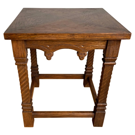 Hand Carved Antique Gothic Revival Practical End Table w. Inlaid Envelope Motif