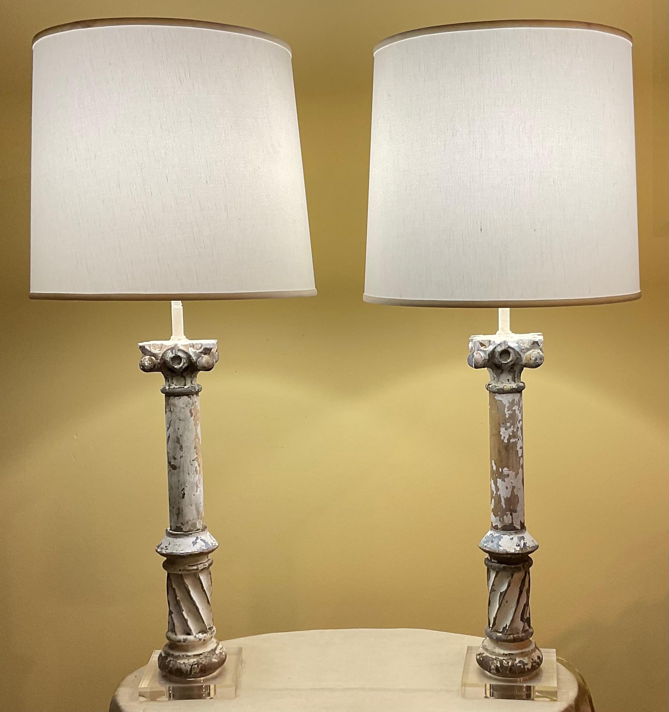 Hand-Carved Hand Carved Antique Hand Carved Wood Table Lamps For Sale