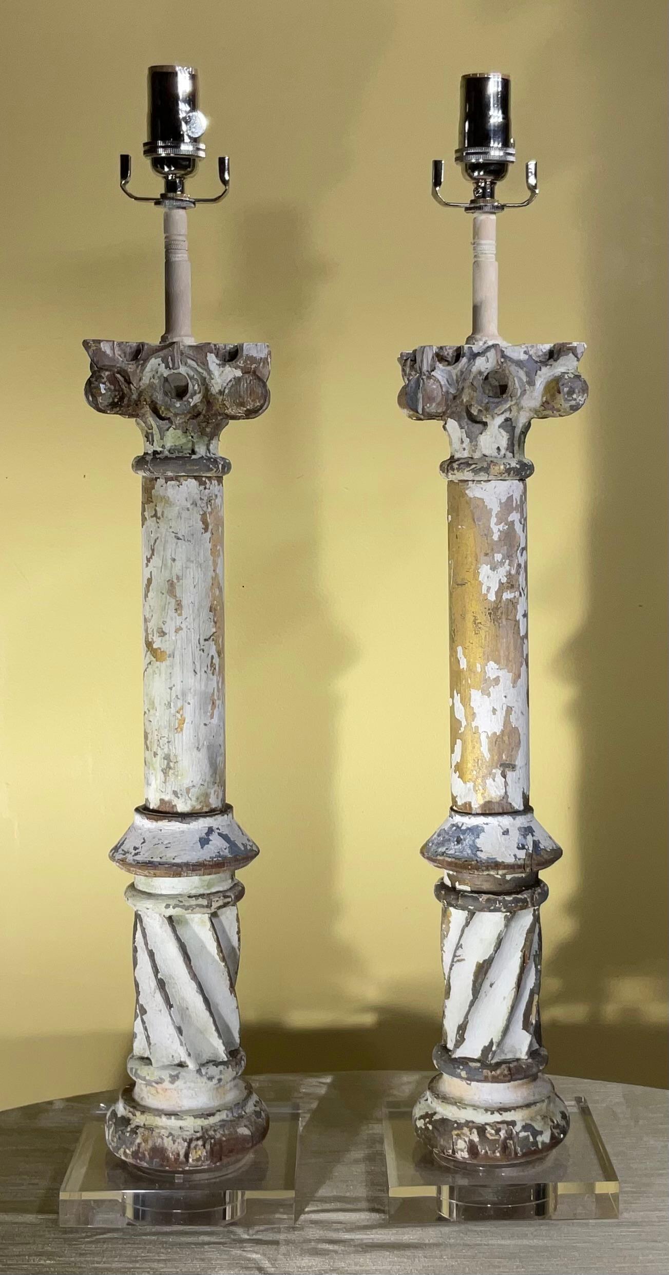 19th Century Hand Carved Antique Hand Carved Wood Table Lamps For Sale