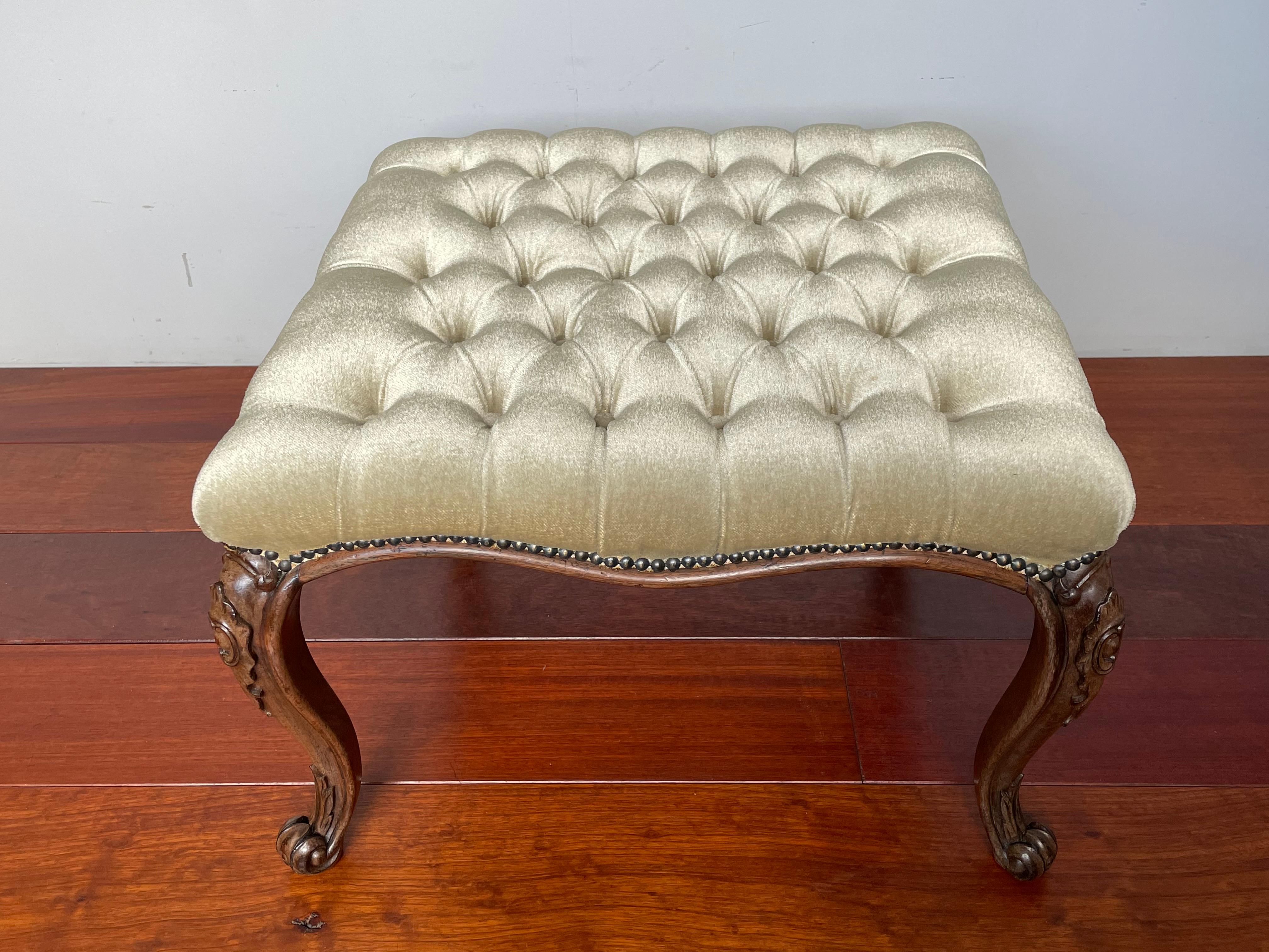 19th Century Hand Carved Antique Victorian Nutwood and Deeply Buttoned Green Velor Foot Stool For Sale