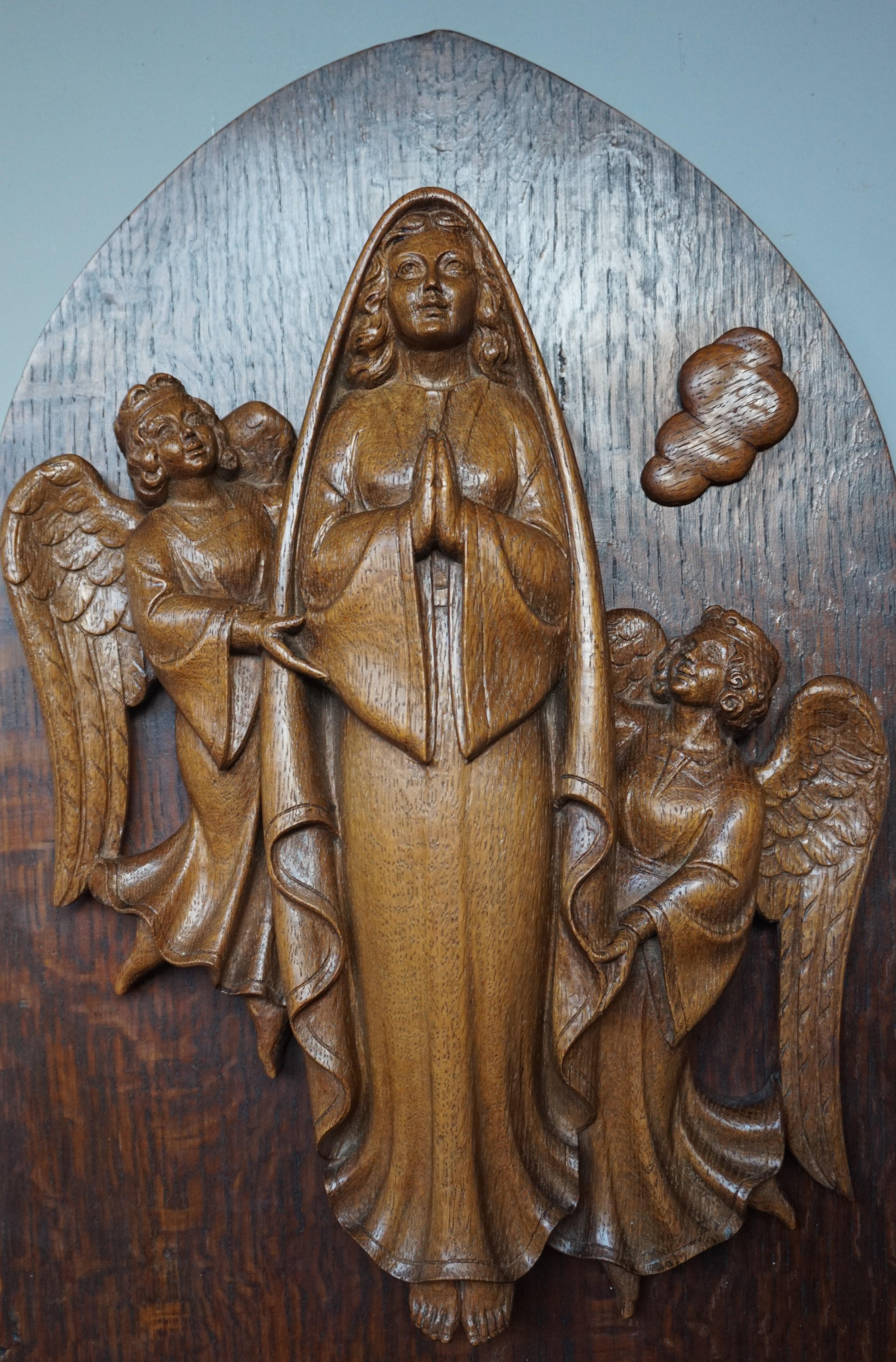 Hand Carved Antique Wall Plaque Sculpture of The Assumption of Mary with Angels 8