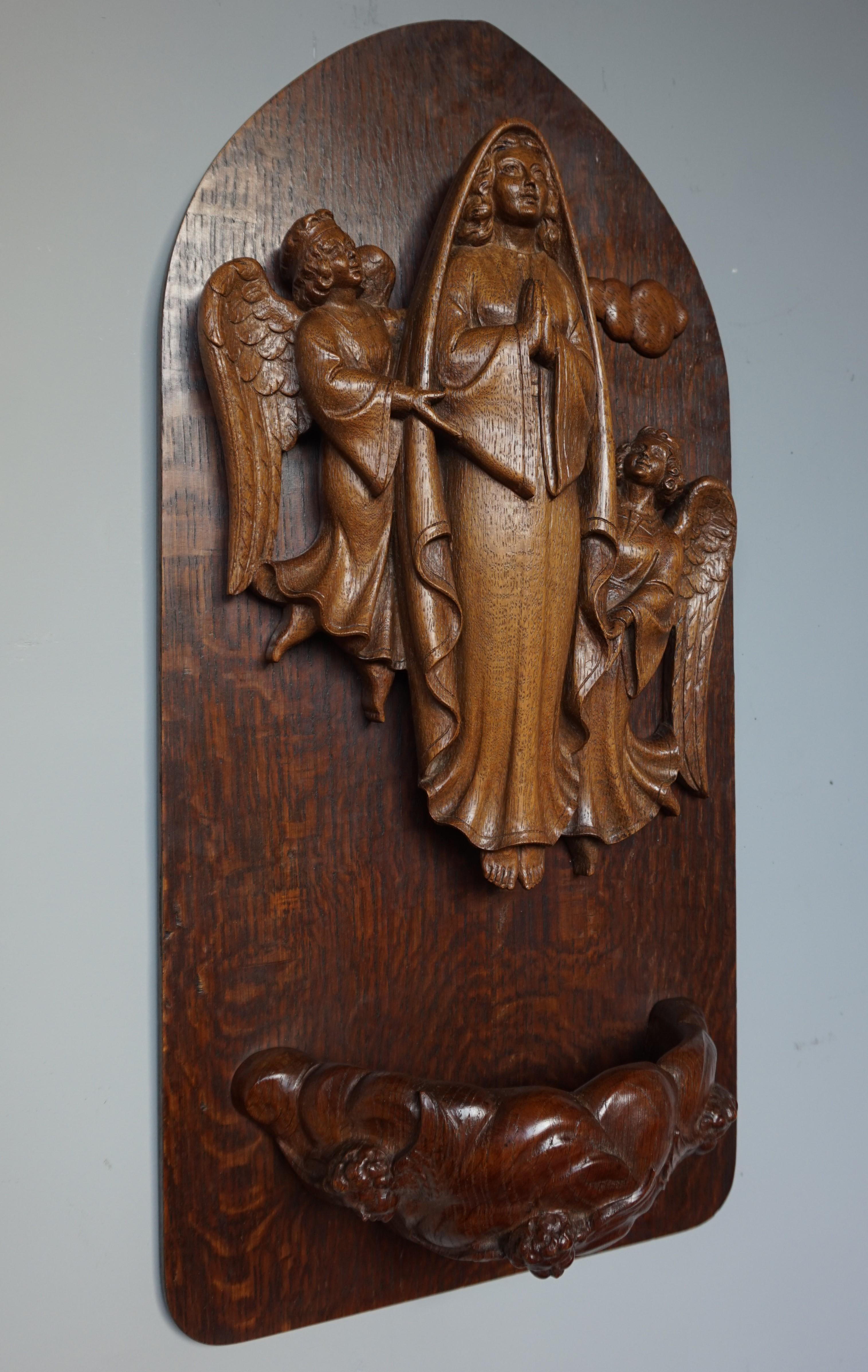 Art Deco Hand Carved Antique Wall Plaque Sculpture of The Assumption of Mary with Angels