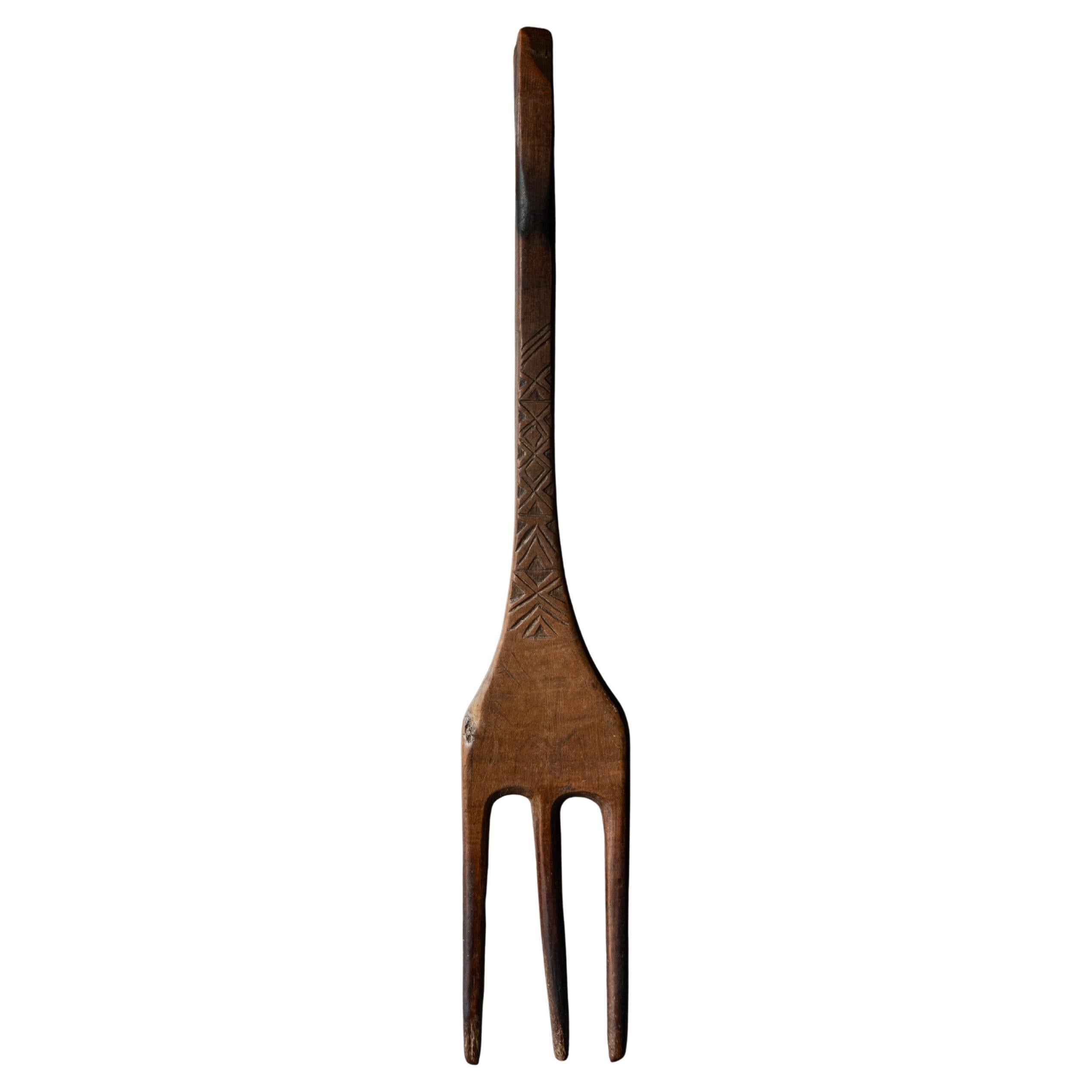 Hand-Carved Antique Wooden Fork with Geometric Motif, 19th Century
