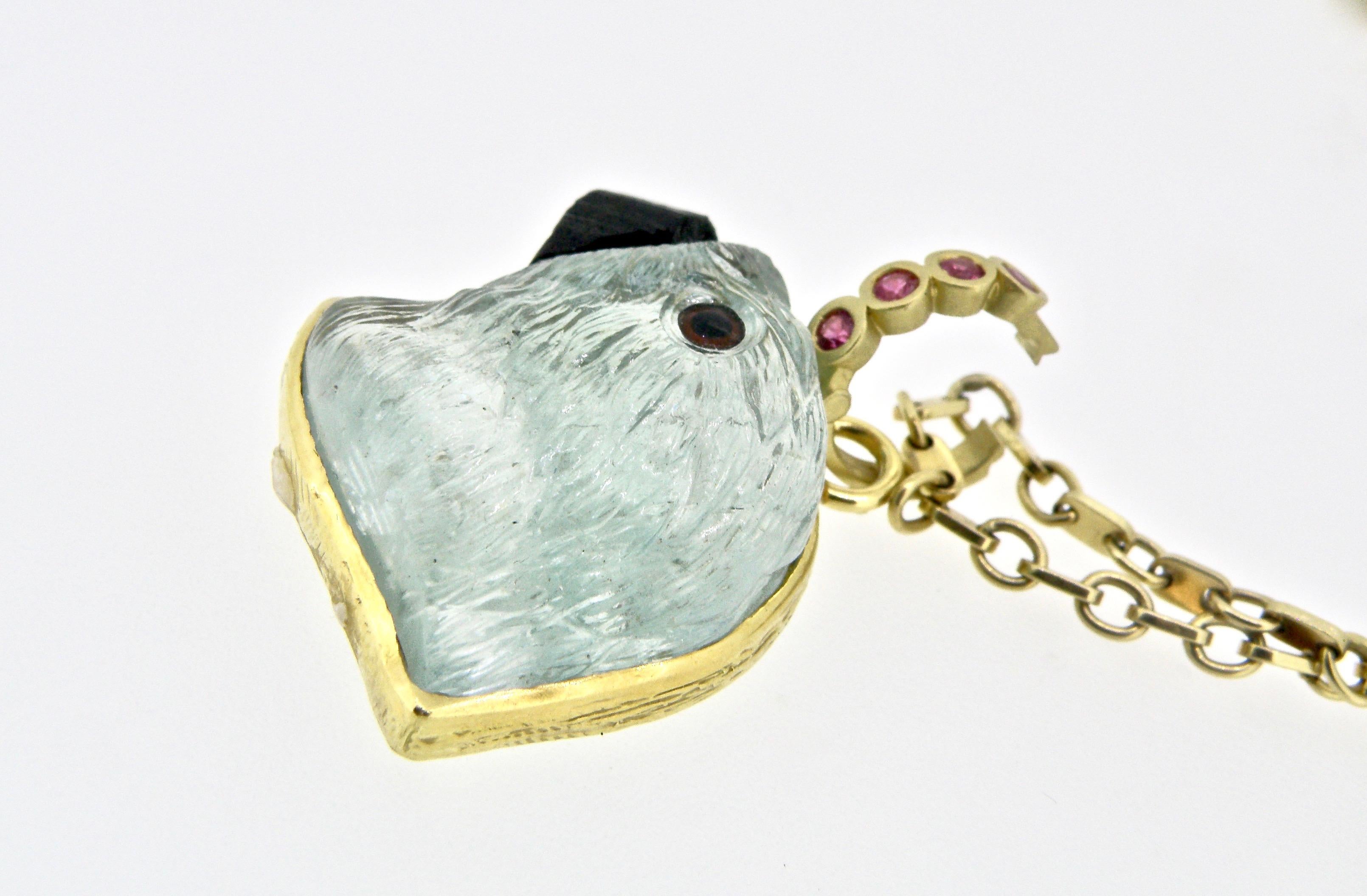 Hand Carved Aquamarine Gold Finch on Sapphire Bail In New Condition In Cohasset, MA