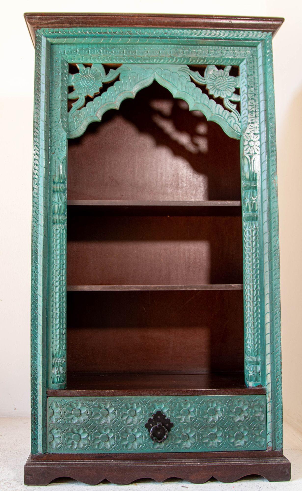 Hand-Carved Arch Bookshelf Wooden Cabinet in Rustic Blue For Sale 4