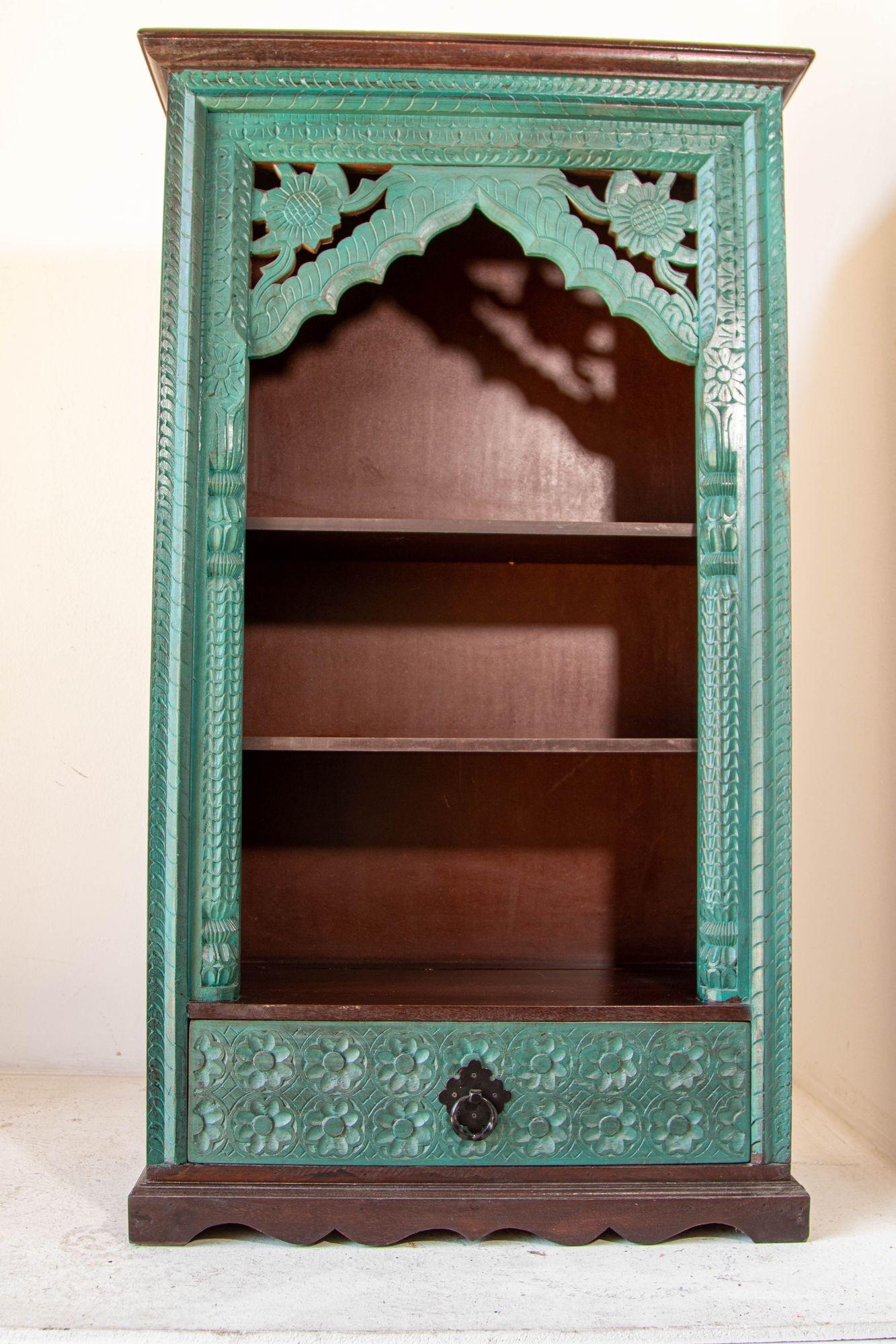 Hand-Carved Arch Bookshelf Wooden Cabinet in Rustic Blue For Sale 5