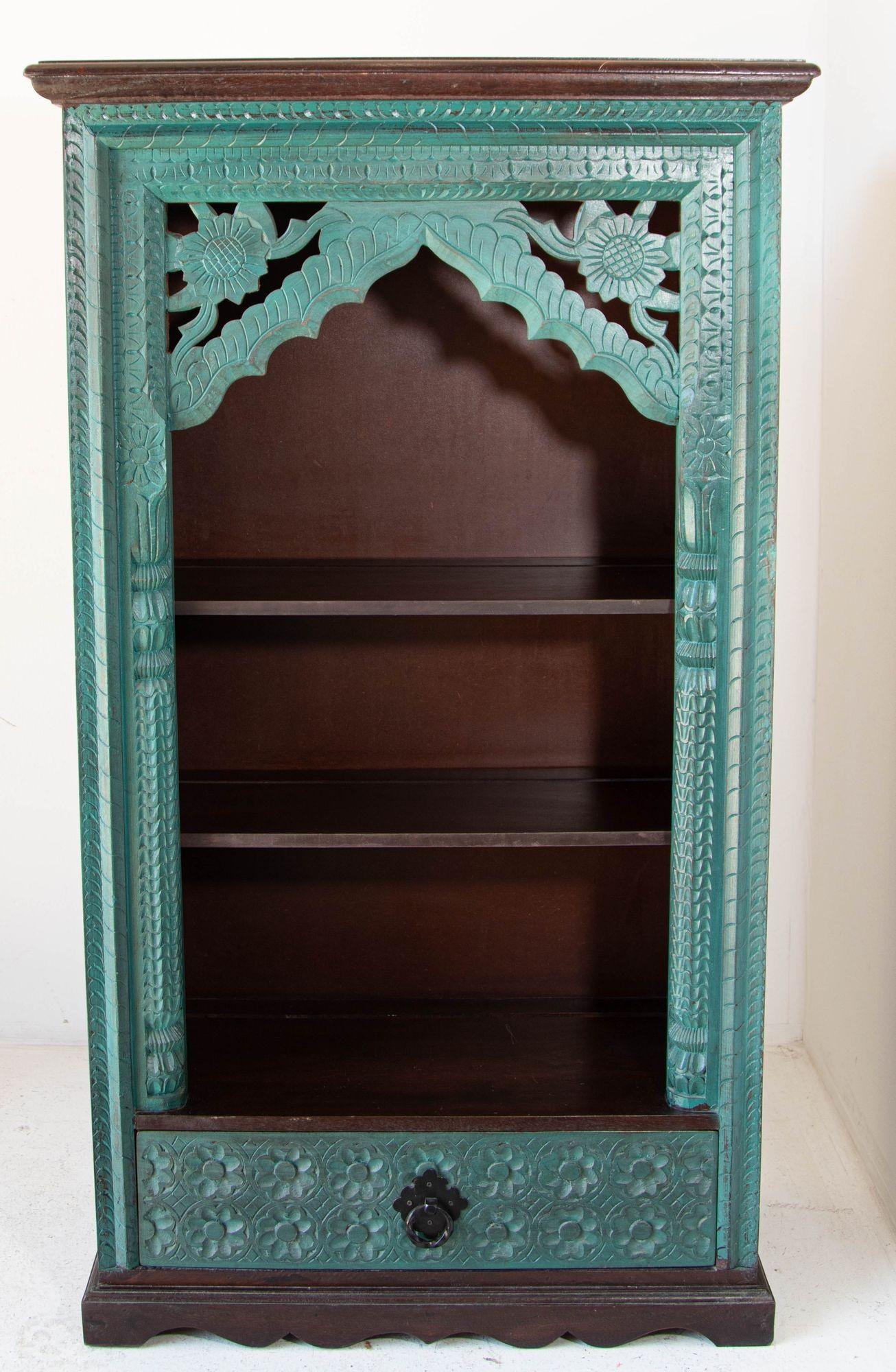Hand-Carved Arch Bookshelf Wooden Cabinet in Rustic Blue In Good Condition For Sale In North Hollywood, CA