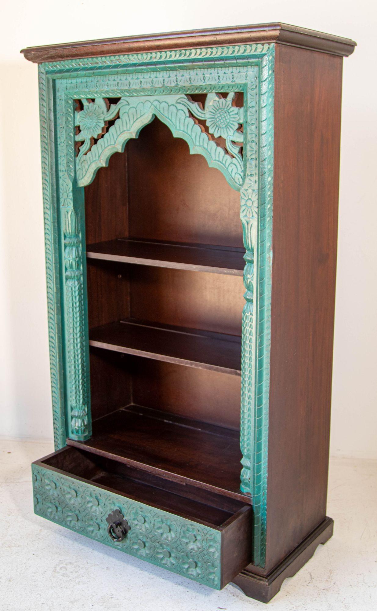 Late 20th Century Hand-Carved Arch Bookshelf Wooden Cabinet in Rustic Blue For Sale