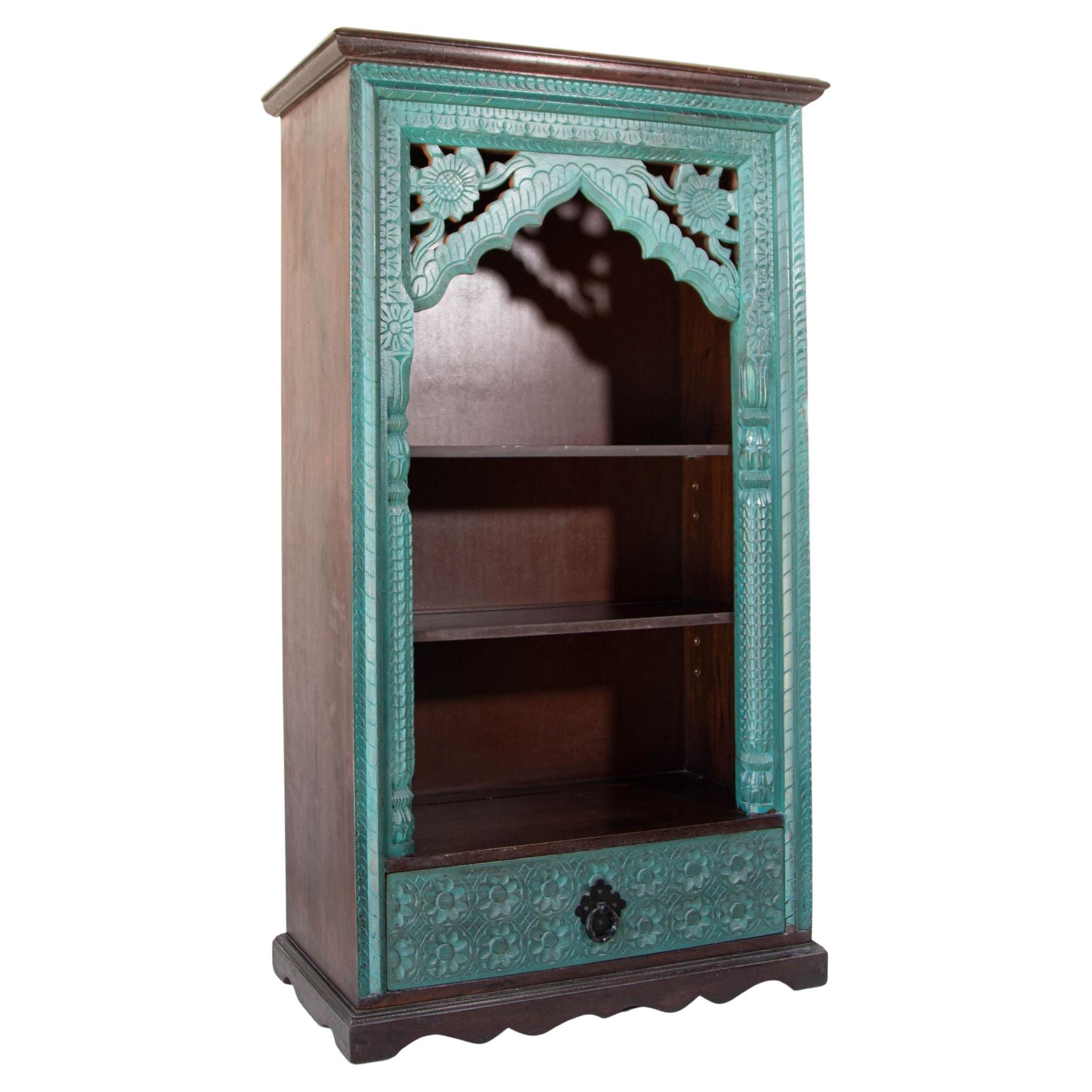 Hand-Carved Arch Bookshelf Wooden Cabinet in Rustic Blue For Sale