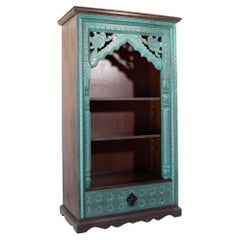 Vintage Hand-Carved Arch Bookshelf Wooden Cabinet in Rustic Blue