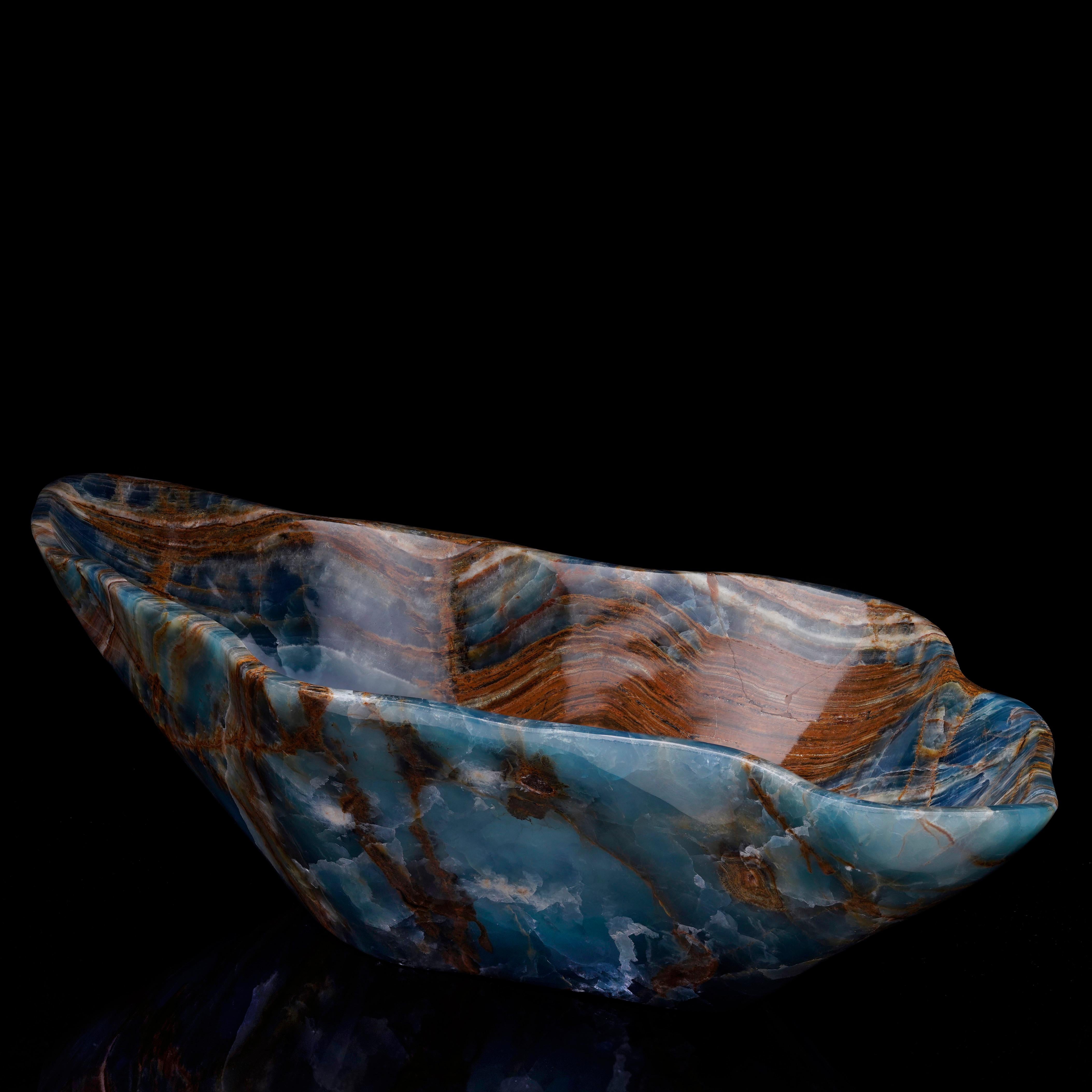 Hand-Carved Argentine Blue Onyx Bowl // 13 Lb. In New Condition In New York, NY